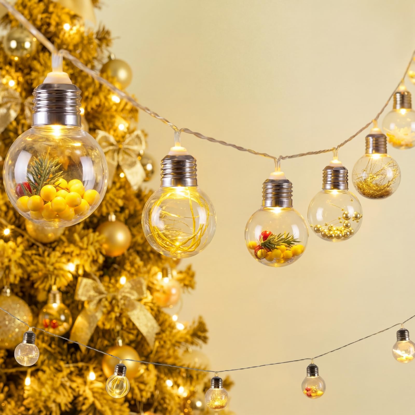 Aurelema Christmas Tree Snow Globe String Lights 6.56 FT 10 LED Xmas Light Balls with 5 Christmas Figurines Constant Vintage Decor Lighting for Indoor Outdoor Xmas Party Decoration(Red)