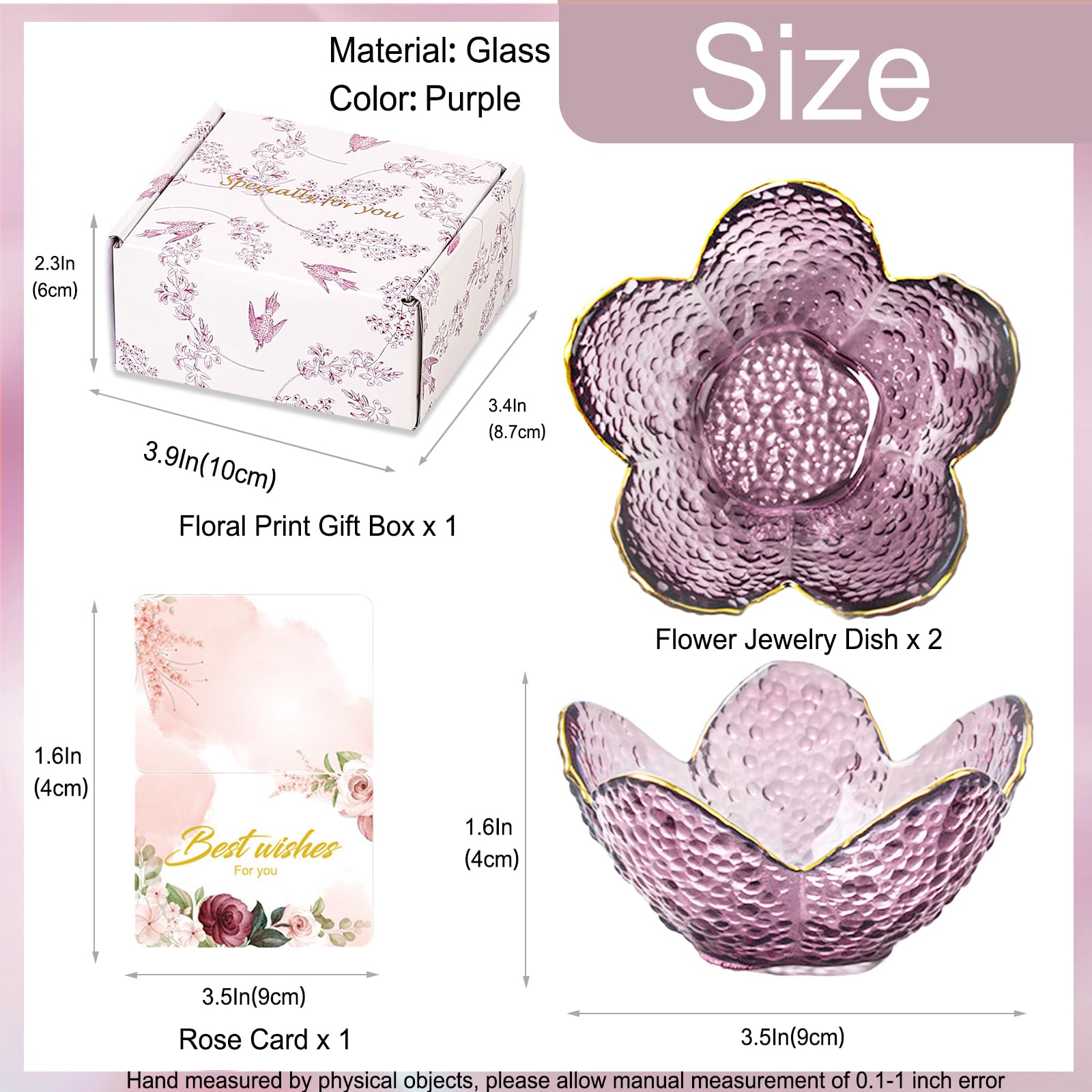 Purple Flower Jewelry Dish Glass Ring Holder Dish Jewelry Tray Cute Vanity Organizer Aesthetic Nightstand Bathroom Room Decor Trinket Dish Mothers Day Friendship Christmas Birthday Gifts for Women