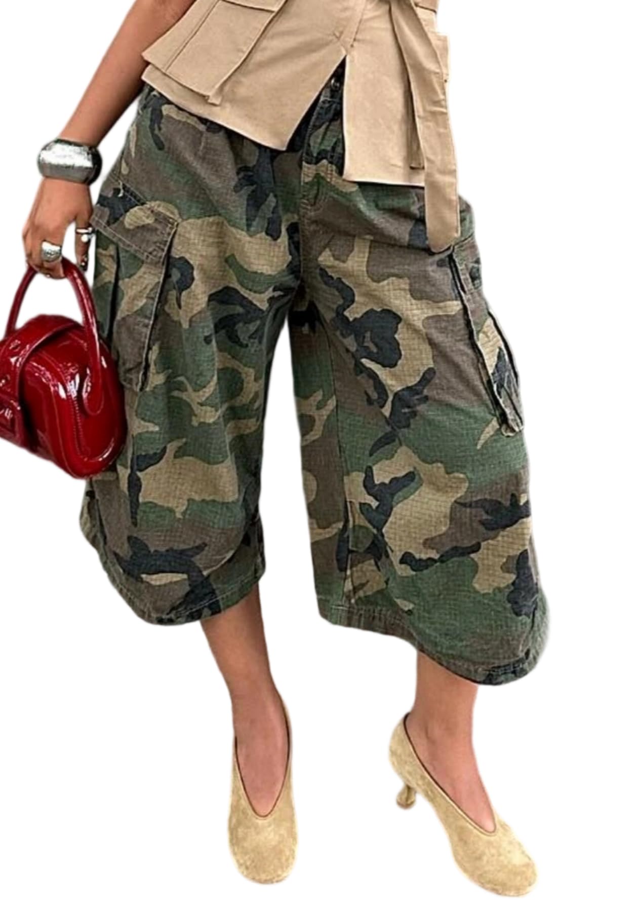 Unybwonn Women Baggy Cargo Jeans Camo Army Fatigue Wide Leg Harem Cropped Denim Pants Plus Size Camouflage Jean Trousers