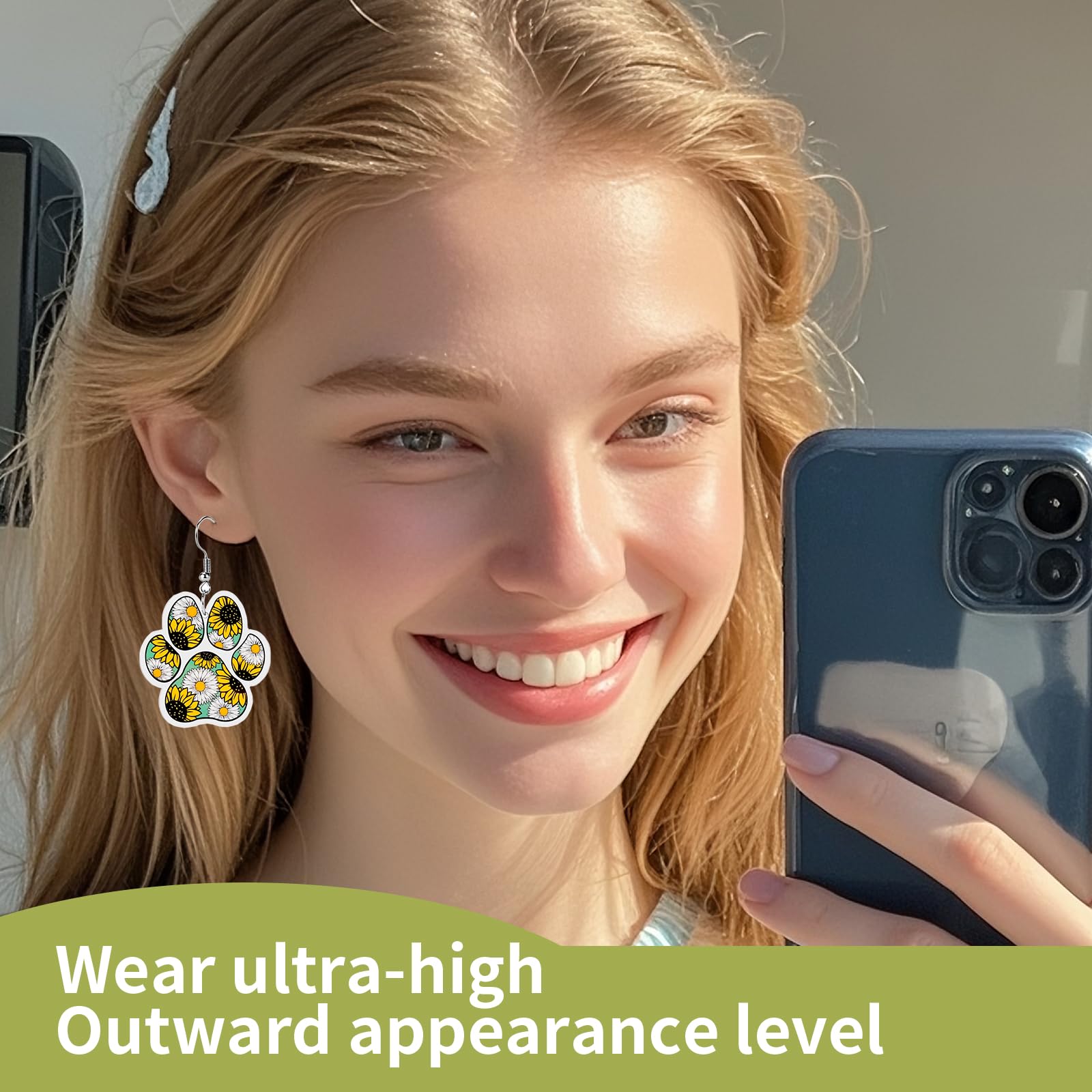 Funny Dog Sunflower Paw Print Earrings for Women - Unique & Quirky Funky Acrylic Dangle Earrings, Cute & Silly Novelty Design, Wacky & Crazy Earrings for Fun Lovers
