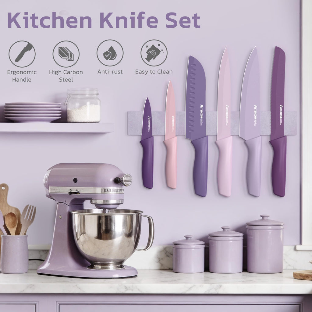 Astercook Knife Set, 13 Pieces Kitchen Knives Set with Healthy Anti-Rust Coating, Dishwasher Safe, Stainless Steel Chef Knife Sets with 6 Blade Guards, Fathers Day Gift for Men