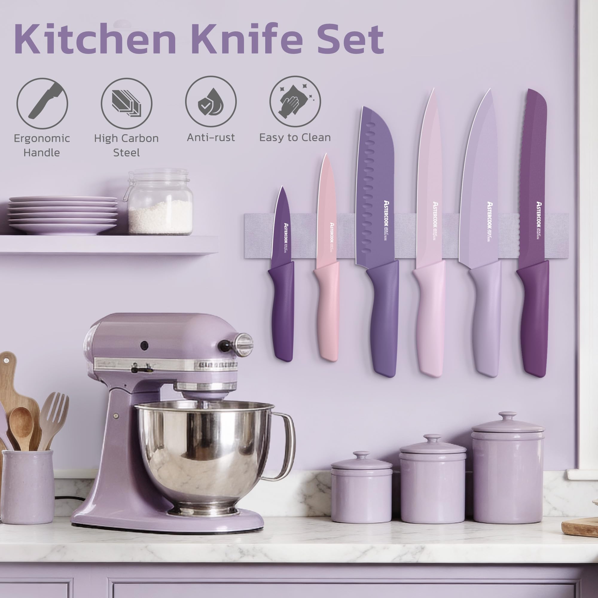 Astercook Knife Set, 13 Pieces Kitchen Knives Set with Healthy Anti-Rust Coating, Dishwasher Safe, Stainless Steel Chef Knife Sets with 6 Blade Guards, Fathers Day Gift for Men