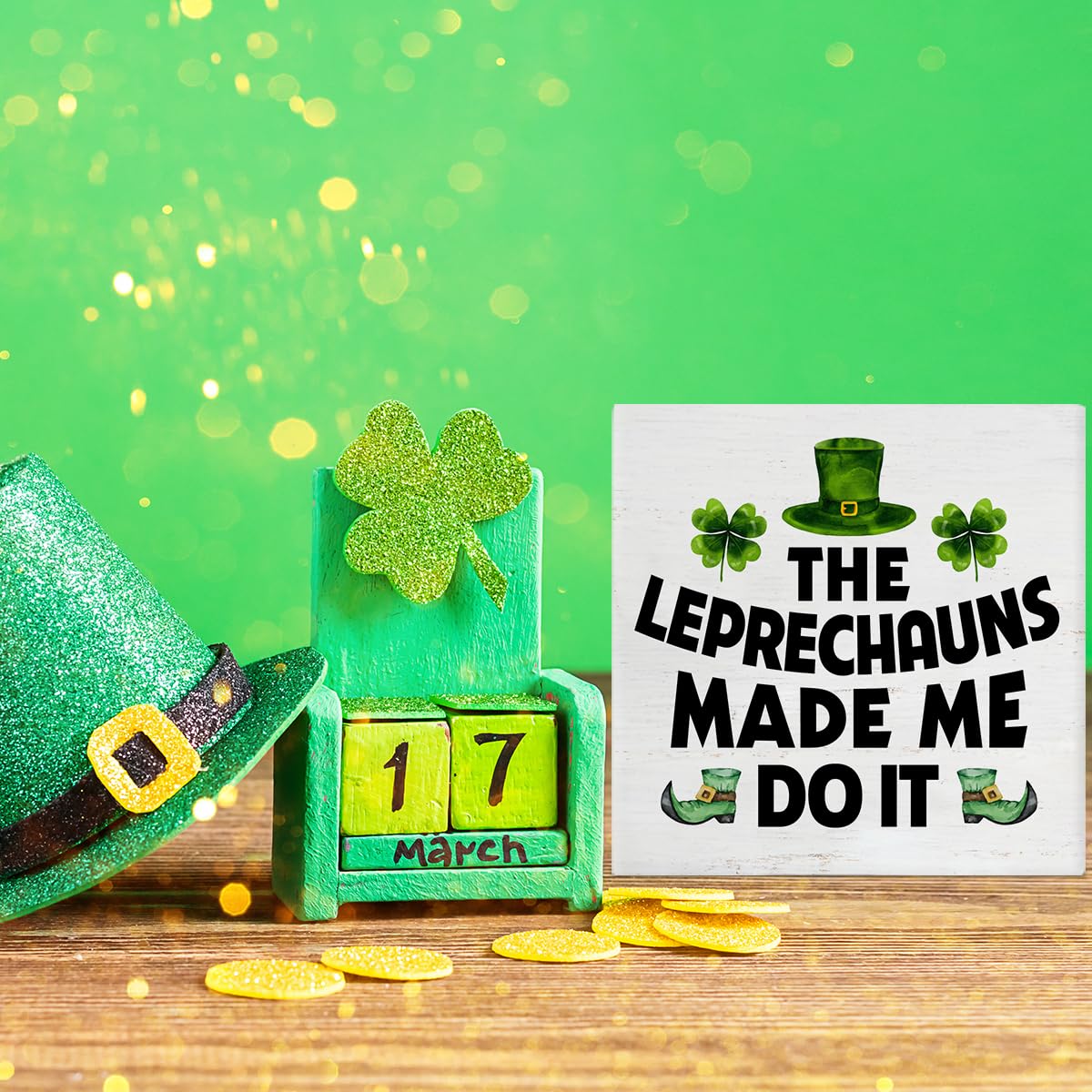 Dumyum St. Patrick's Day Decorative Sign, Wooden, 5 Inches x 5 Inches, Green, Rustic, Tabletop or Wall Mount