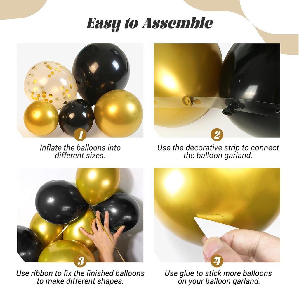 FOTIOMRG Black and Gold Balloons Garland Arch Kit, 5 10 12 18inch Black Gold Confetti Latex Balloons for 2025 Graduation New Year Anniversary Birthday Party Decorations