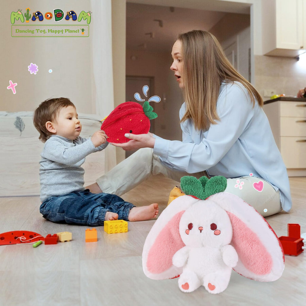 MIAODAM Bunny Stuffed Animal Reversible Cuddle Bunny Stuffed,Strawberry Bunny Transformed Rabbit Plush Zipper,Turns Into Ears Bunnies Plushies Toy Cute Stuffy Doll Easter