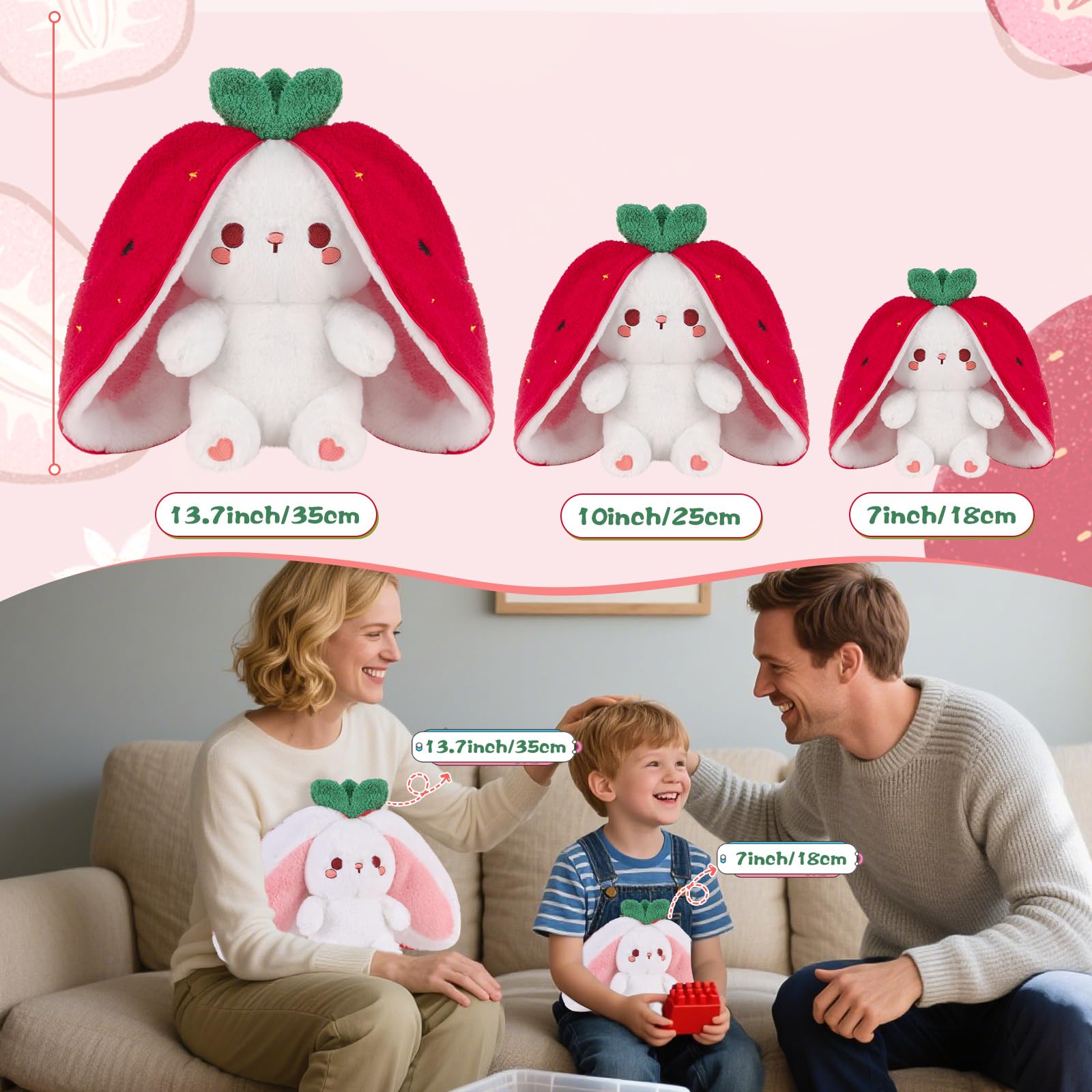 MIAODAM Bunny Stuffed Animal Reversible Cuddle Bunny Stuffed,Strawberry Bunny Transformed Rabbit Plush Zipper,Turns Into Ears Bunnies Plushies Toy Cute Stuffy Doll Easter