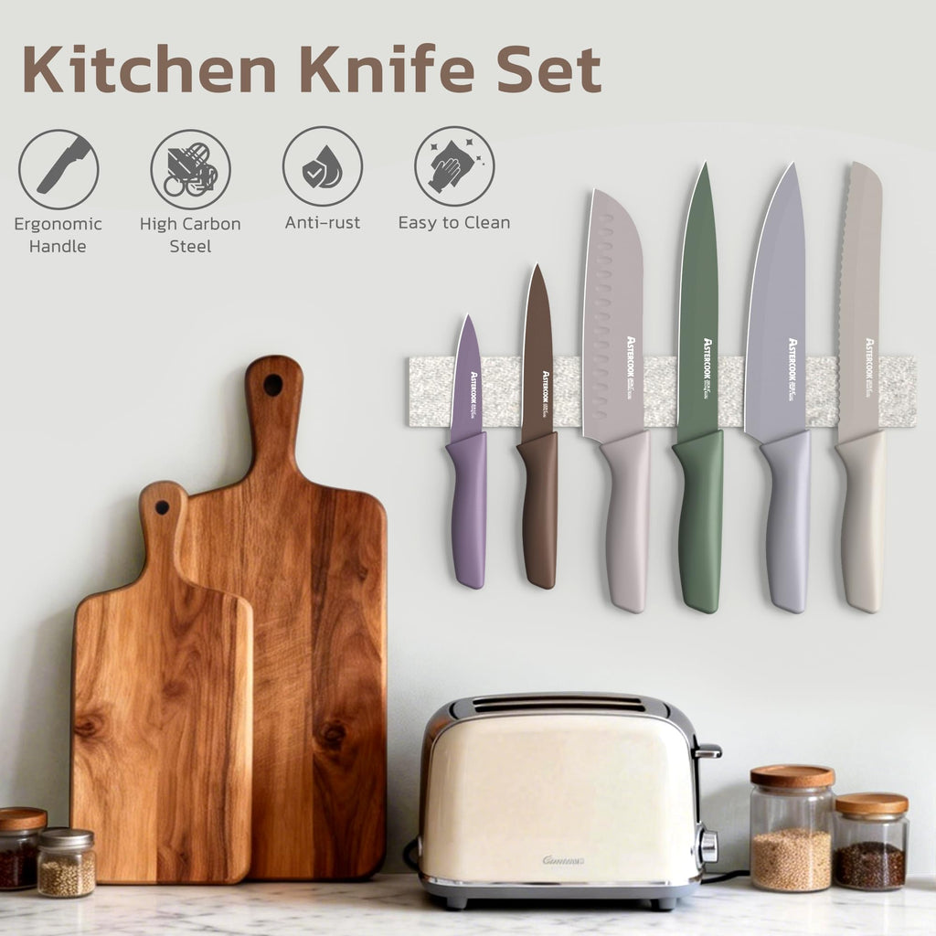 Astercook Knife Set, 13 Pieces Kitchen Knives Set with Healthy Anti-Rust Coating, Dishwasher Safe, Stainless Steel Chef Knife Sets with 6 Blade Guards, Fathers Day Gift for Men