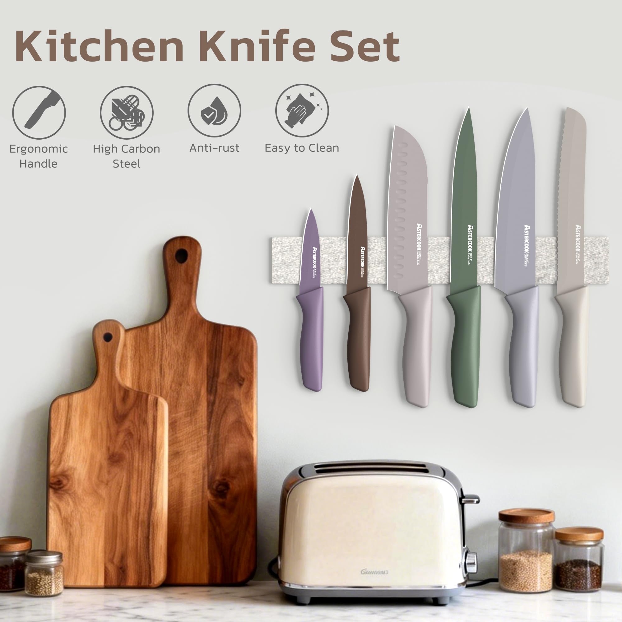 Astercook Knife Set, 13 Pieces Kitchen Knives Set with Healthy Anti-Rust Coating, Dishwasher Safe, Stainless Steel Chef Knife Sets with 6 Blade Guards, Fathers Day Gift for Men