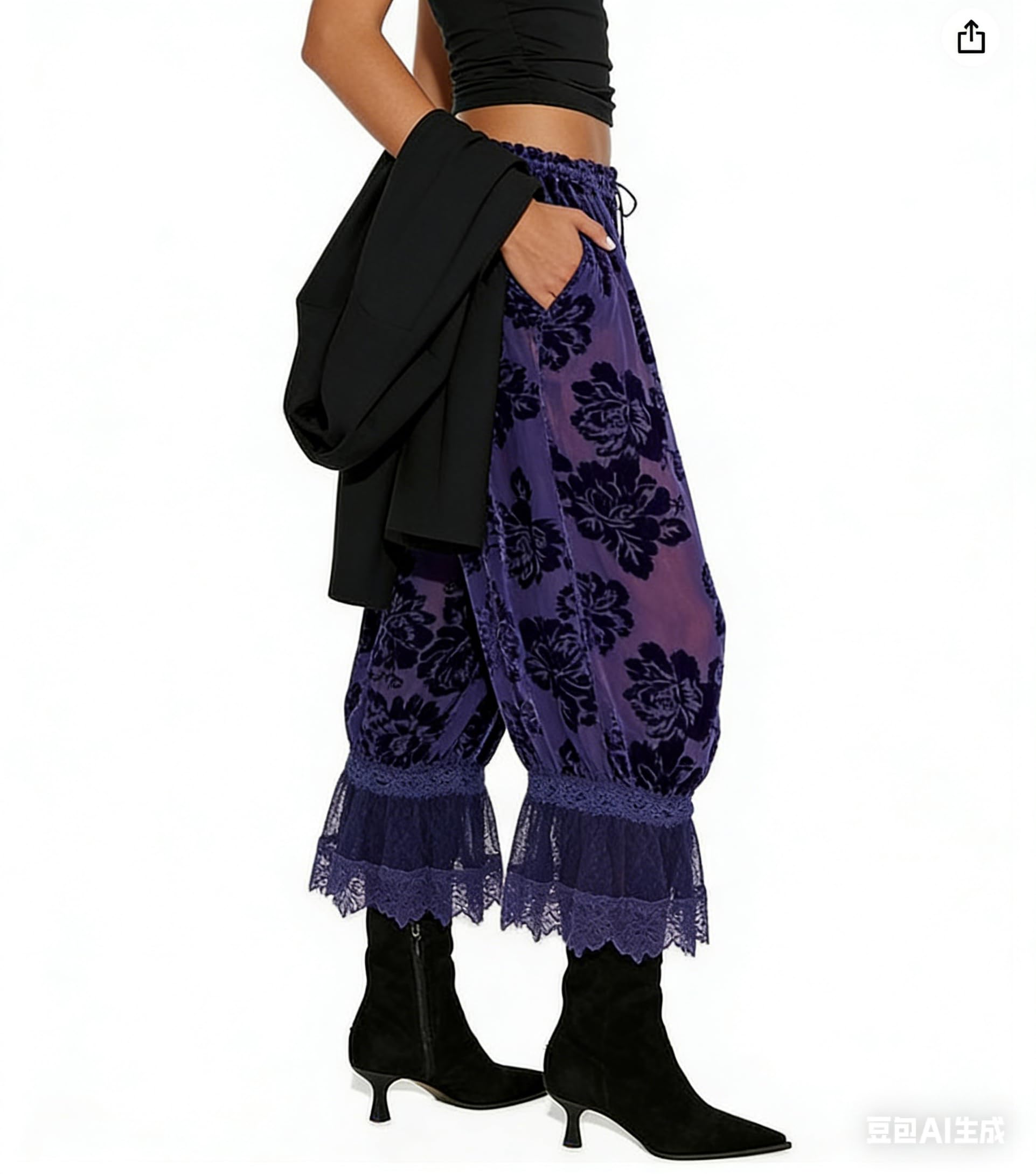 Women Lace Trim Long Bloomers Y2k Elastic Mid Rise Floral Ruffle Pantaloons Flared Slips Pants Pajama Bottoms