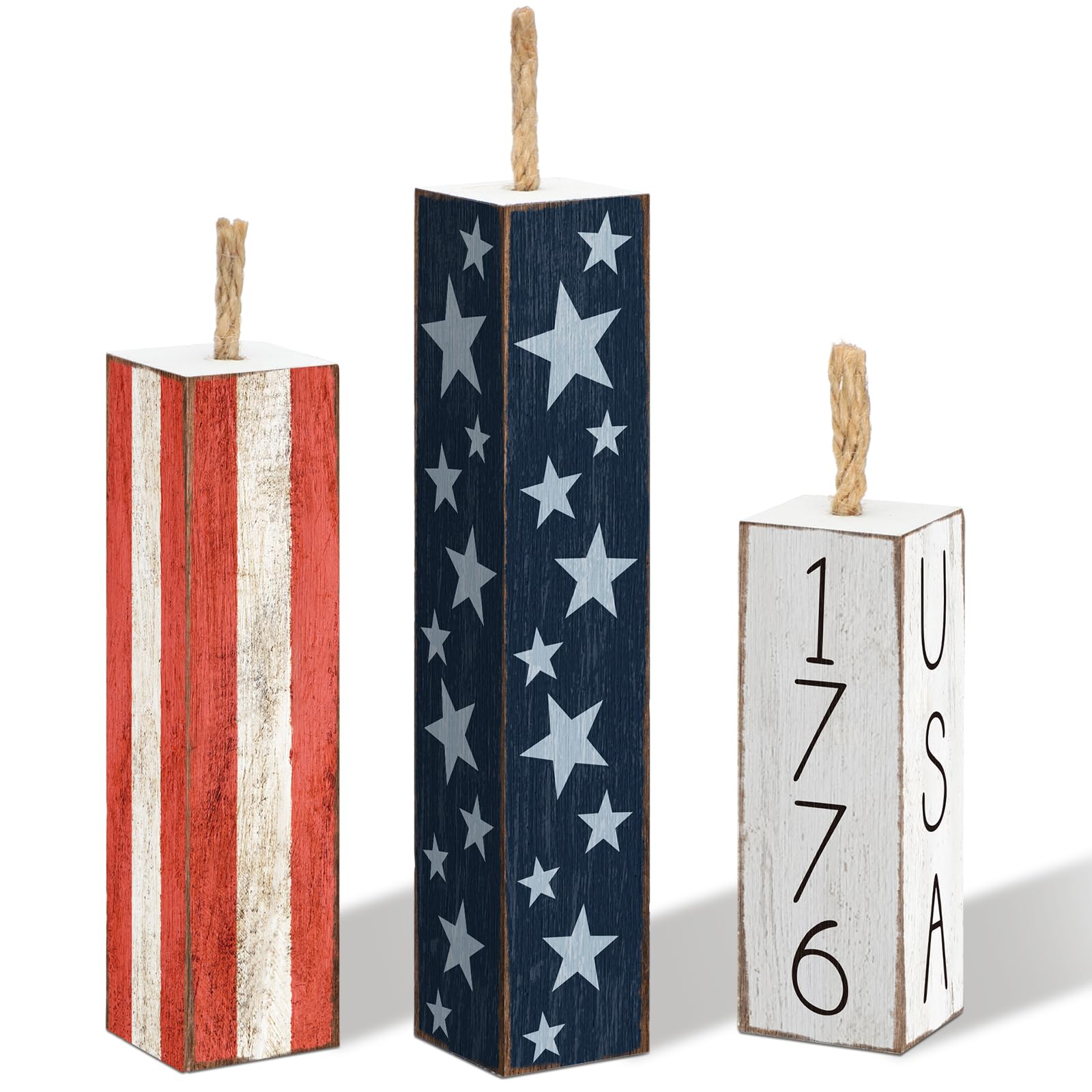 Amyhill 3 Pcs 4th of July Decorations Set Wooden Patriotic Table Centerpieces Independence Day Wood Firework Fourth of July Table Signs for 250th Anniversary Home Farmhouse Decor (Flag)