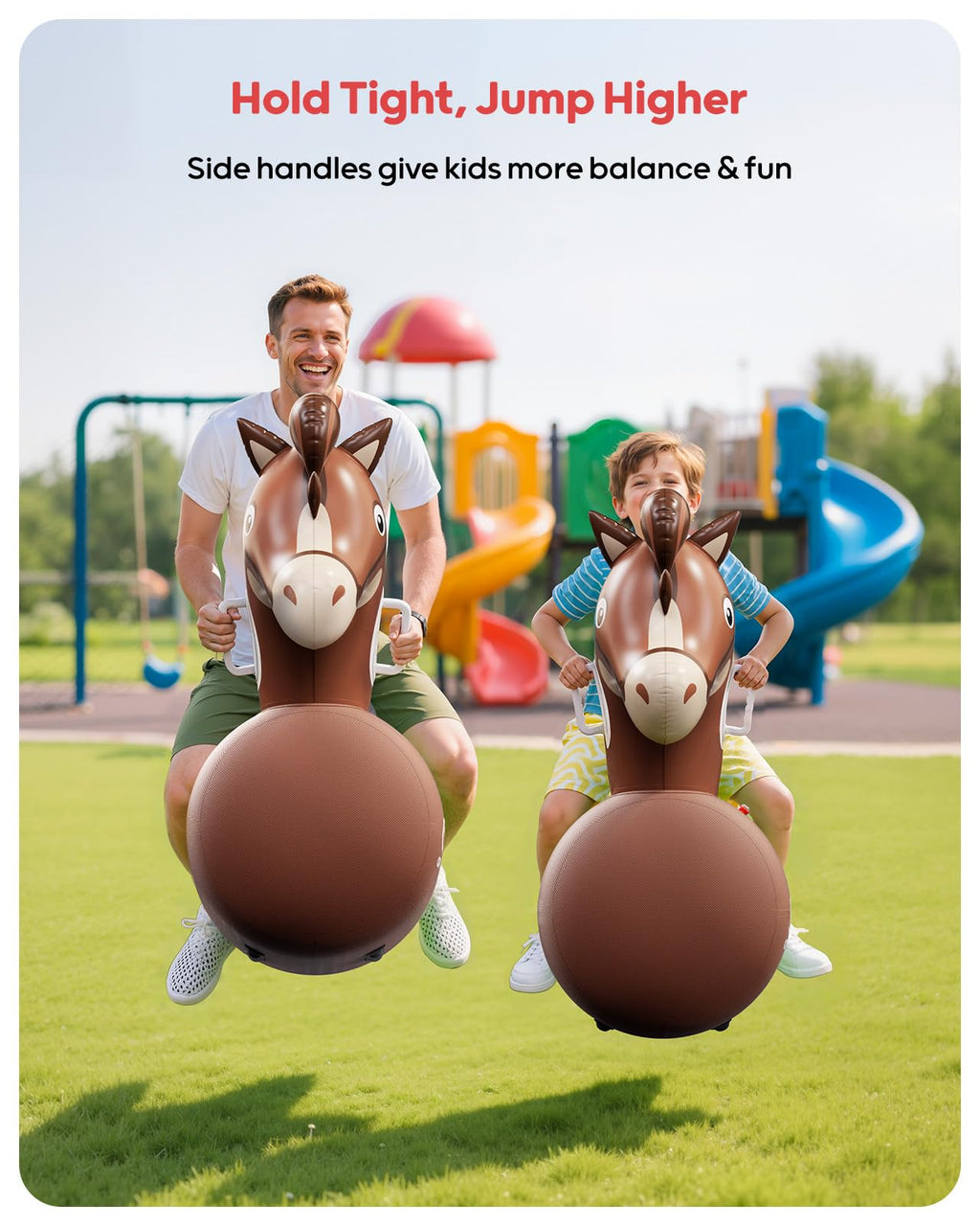 QPAU Inflatable Bouncy Dinosaur Toys 2 PCS with Hand Pump, Heavy Duty Giant Bouncy Pal, 220lbs Load Capacity, Ride On Bouncy Animal Hopper Toy, Indoor Outdoor Bouncers for Kids Girls Boys Ages 5+