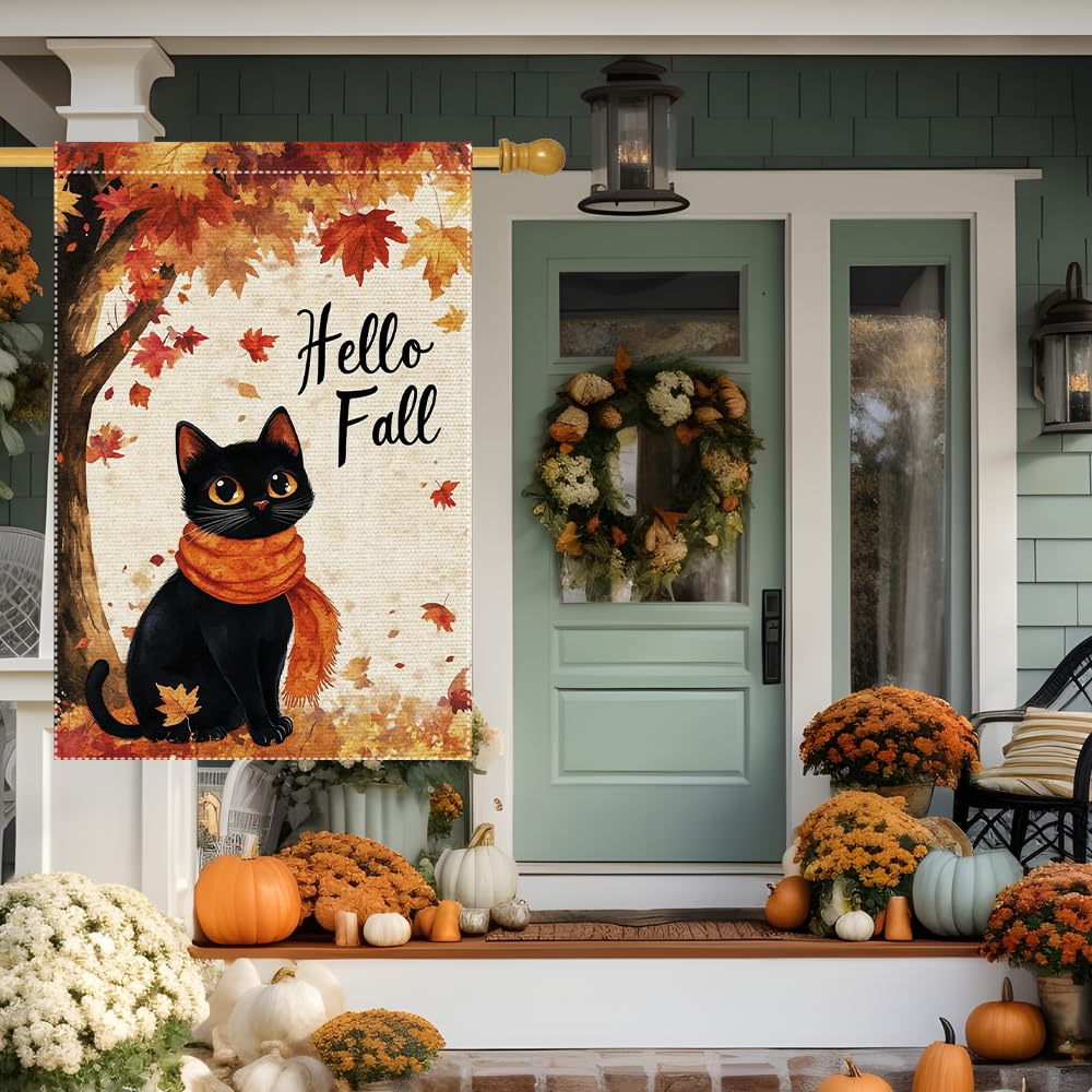 Hello Fall Garden Flag Cat Garden Flags 12x18 Inch Double Sided Vertical Autumn Farmhouse Home Decor Yard Lawn Outdoor Decorations