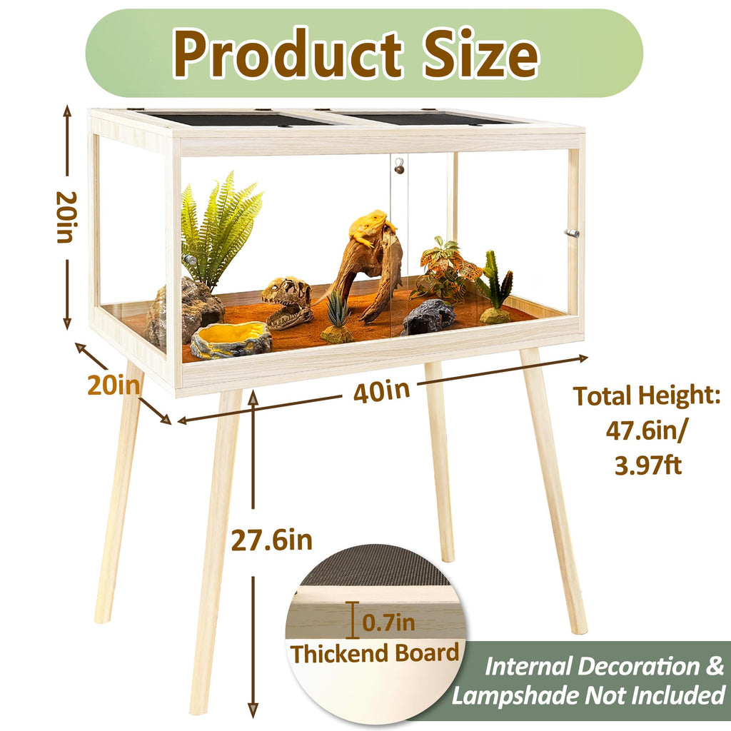 PROLEE Reptile Enclosure with Leg, 35 Gallons Bearded Dragon Tank, Tempered Glass Lizard Tank with Metal Mesh Tops and Lockable Door, Spacious Reptile Habitat for Snake,Lizard (Oak)