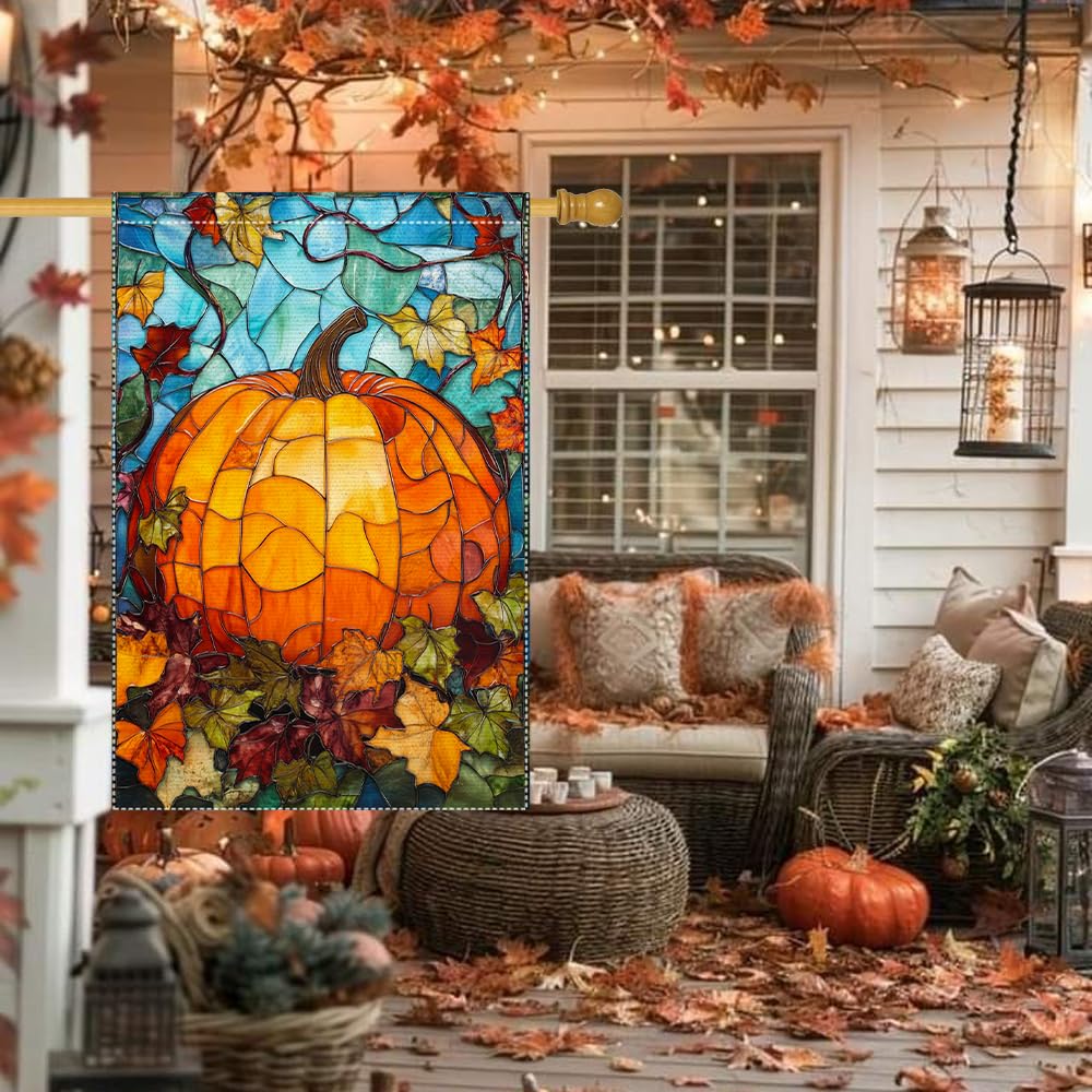 Fall Garden Flag For Outdoor Decor Thanksgiving Garden Flags Autumn Stained Glass Pumpkin Maple Leaf Double Sided Small Burlap Outside Porch Lawn Yard Flags Decorations 12.5x18 Inch