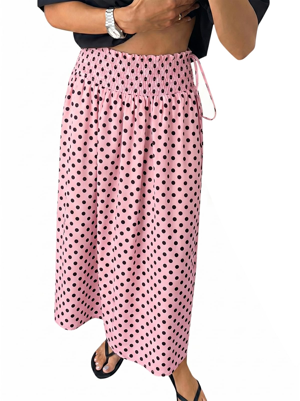Tankaneo Womens Polka Dot Maxi Skirts Boho Smocked High Waisted Tie Skirt Casual Beach Vacation Dress