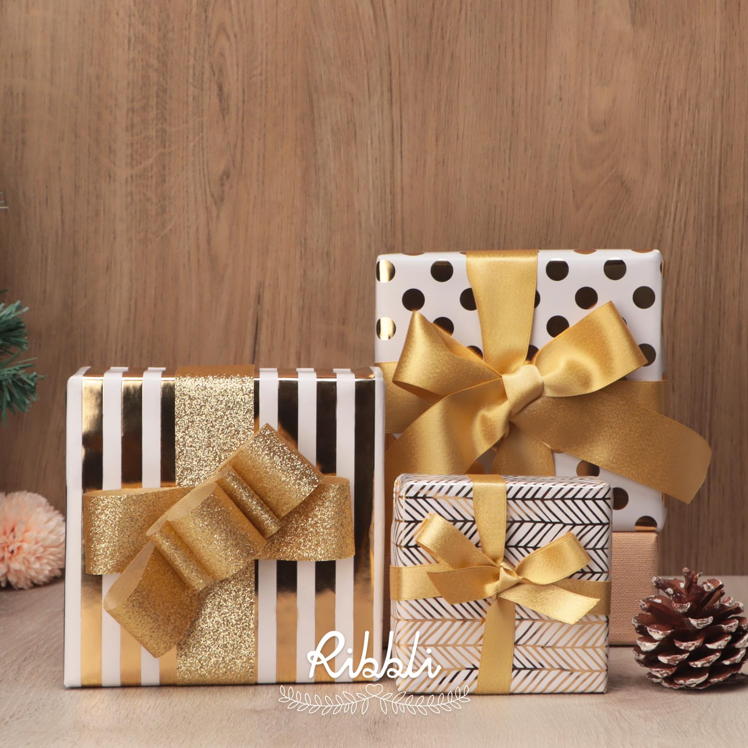 Ribbli Birthday Wrapping Paper Iridescent Gift Wrapping Paper Mini Roll, 3 Rolls Happy Birthday Polka Dots Stripes Printed Assortment - 17 inch x 120 inch(10feet) Per Roll