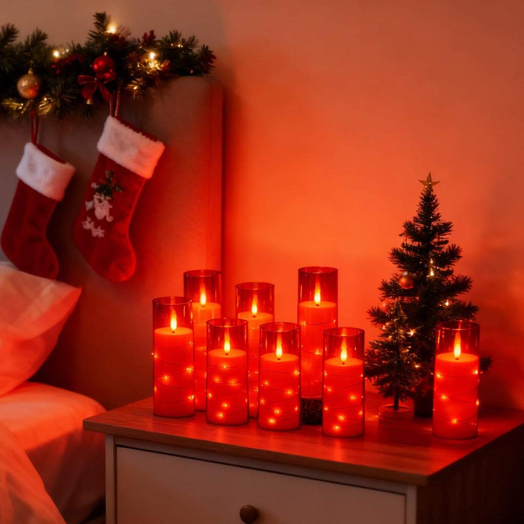 kakoya Flameless LED Candles with Timer 5 Pc Flickering Flameless Candles for Romantic Ambiance and Home Decoration Stable Acrylic Shell,with Embedded Star String，Battery Operated Candles（Red）