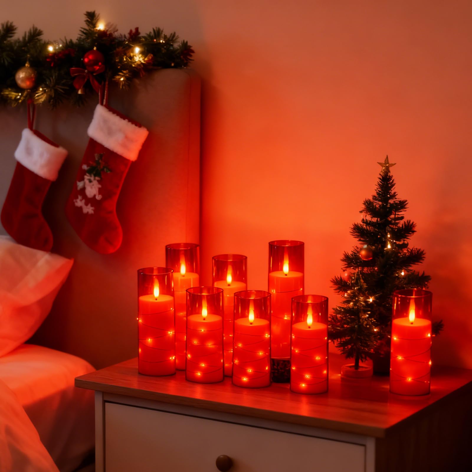 kakoya Flameless LED Candles with Timer 5 Pc Flickering Flameless Candles for Romantic Ambiance and Home Decoration Stable Acrylic Shell,with Embedded Star String，Battery Operated Candles（Red）