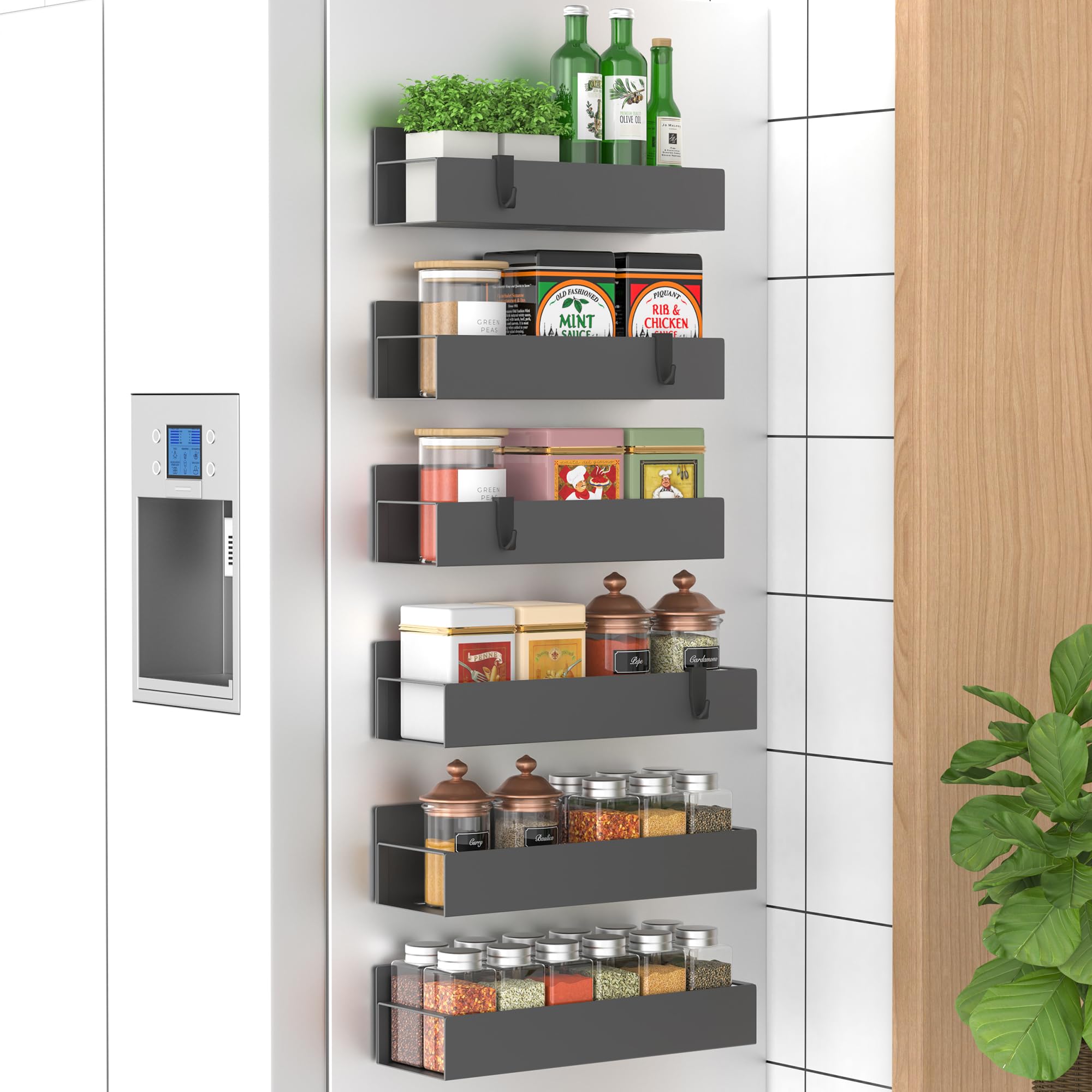 HuggieGems Metal 4 Pack Magnetic Spice Storage Rack Organizer for Refrigerator and Oven, Black Fridge Organizers and Storage, Metal
