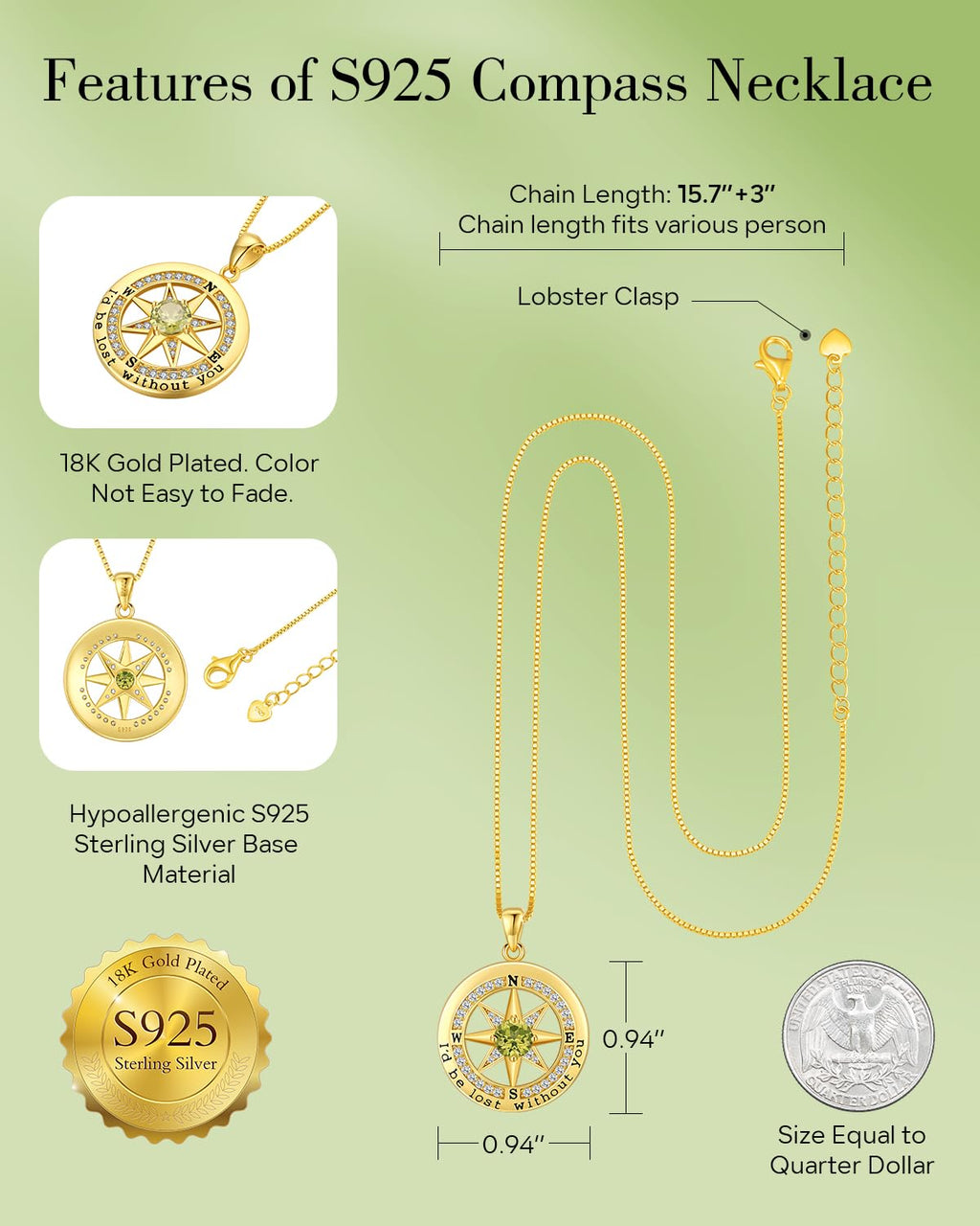 S925 Necklace Gift for Wife |Compass Jewelry |Women Anniversary |Sterling Silver |Girlfriend Birthday Gifts for Her Valentines |I'd be Lost without You |Jewel 18K Gold