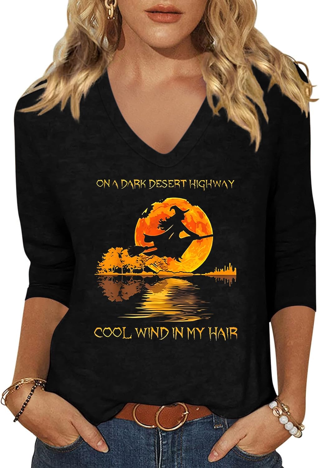 Women's Fall Halloween V Neck Shirt, Hocus Focus Graphic Tee | 3/4 Sleeve, Vintage, Funny Family Party Matching,Casual Holiday Tops,Spooky Season Tee