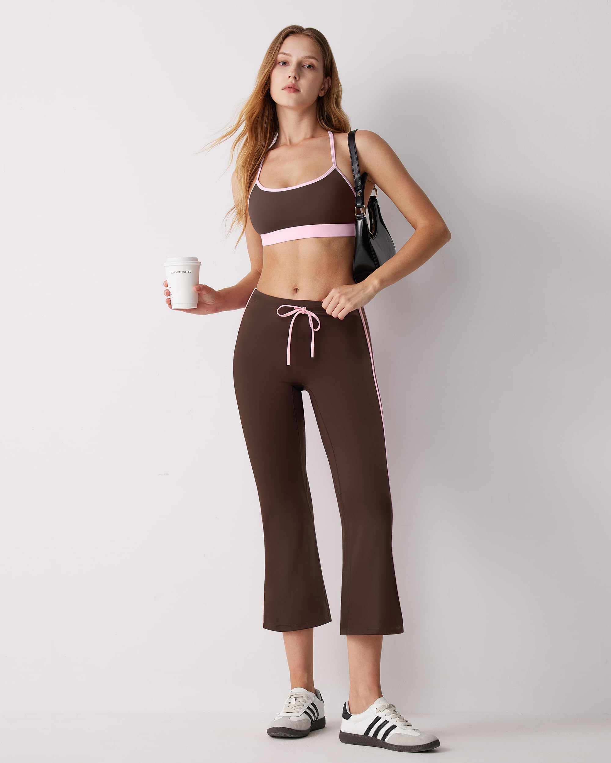 MOOSLOVER Women Flare Capri Yoga Pants High Waisted Side Stripe Drawstring Bootcut Flared Cropped Leggings