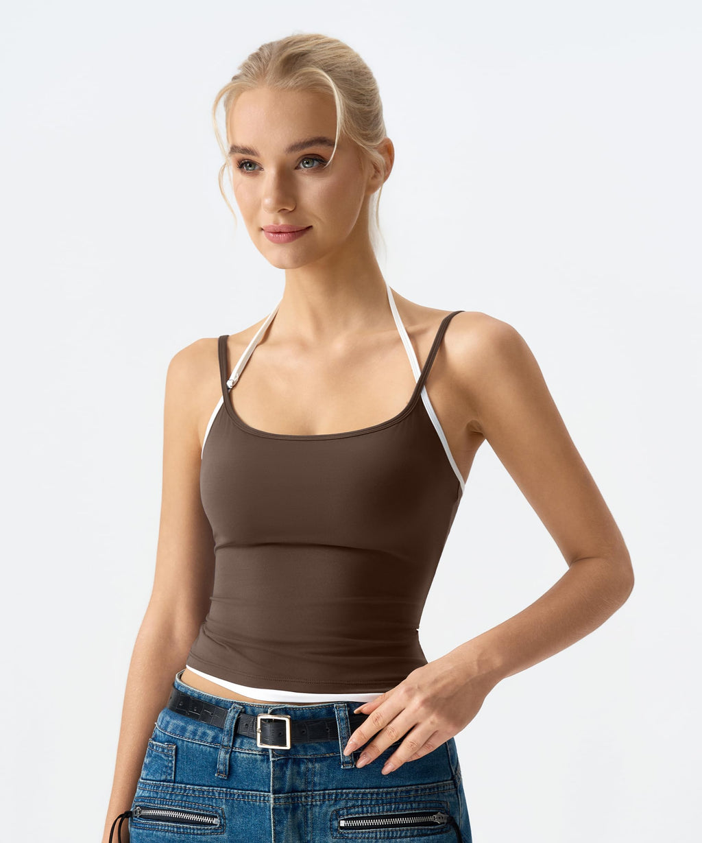 QINSEN Women's Spaghetti Strap Tank Top Slim Fitting Layered Halter Neck Sleeveless Crop Cami Shirt