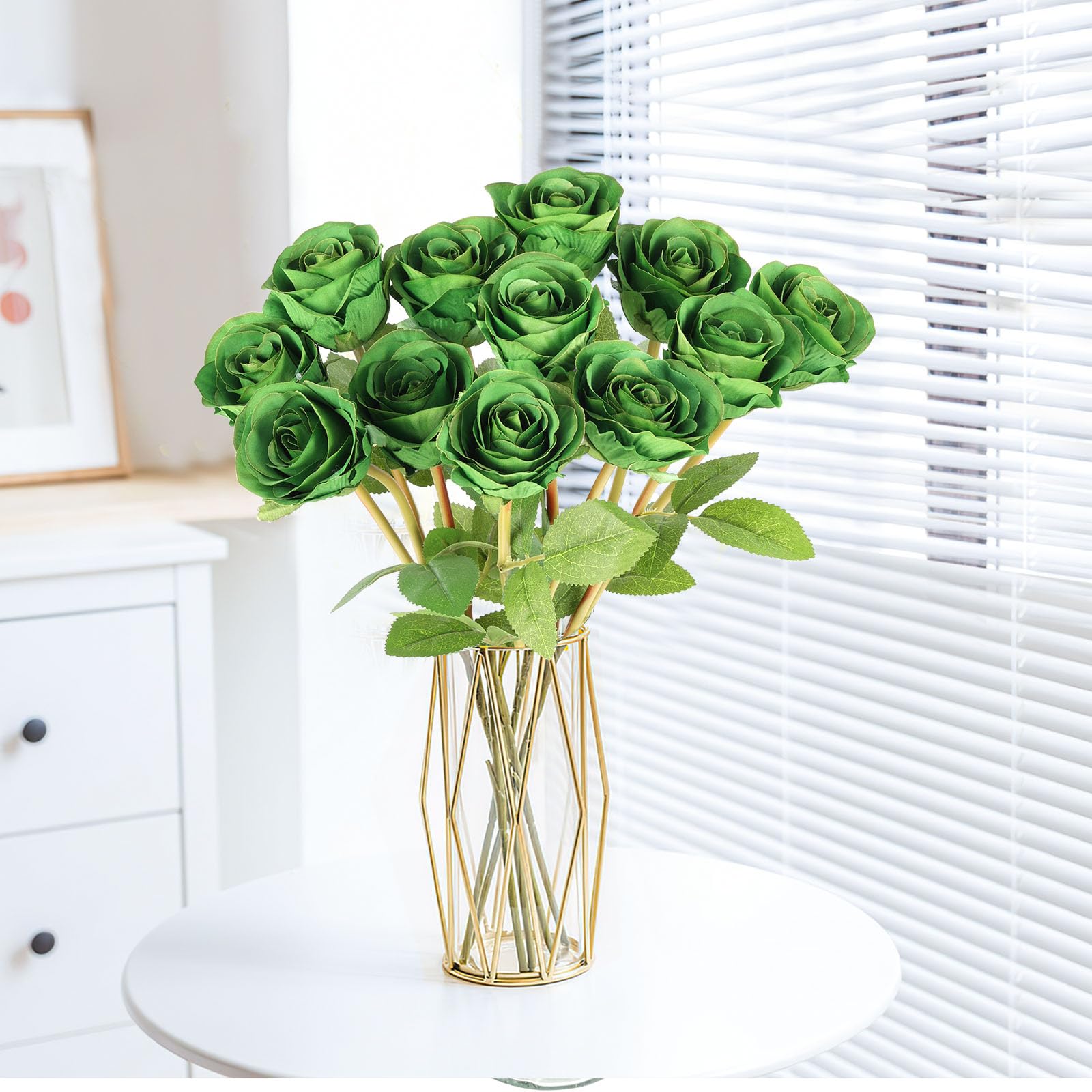 Hananona Artificial Roses Flowers for St. Patrick's Day，12 Pcs Silk Green Rose Bouquet for Spring Home Decoration, Green Faux Roses for Wedding