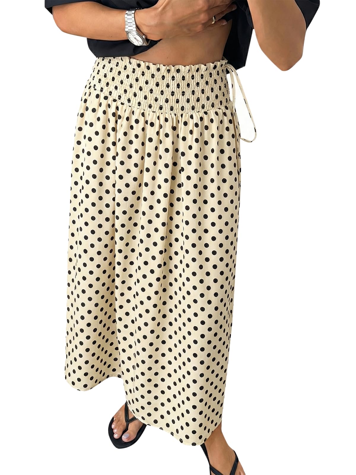 Tankaneo Womens Polka Dot Maxi Skirts Boho Smocked High Waisted Tie Skirt Casual Beach Vacation Dress