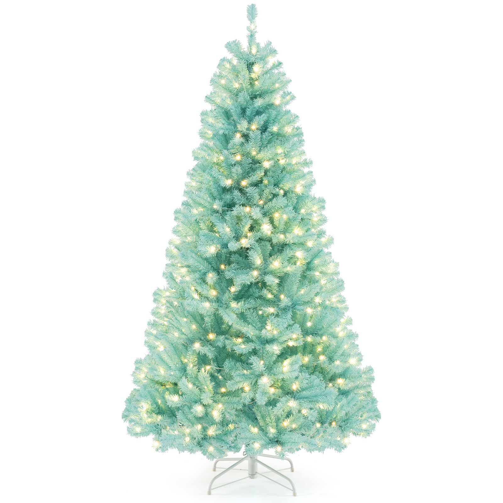 Goplus 7FT Pre-Lit Artificial Christmas Tree Auto-Spread/Close up Branches 11 Flash Modes with Multicolored 400 LED Lights & Metal Stand