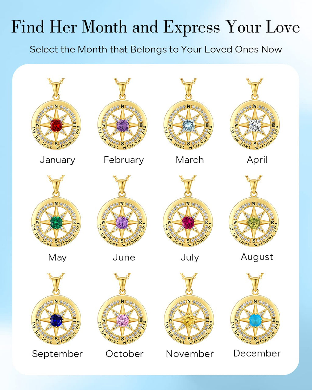 S925 Necklace Gift for Wife |Compass Jewelry |Women Anniversary |Sterling Silver |Girlfriend Birthday Gifts for Her Valentines |I'd be Lost without You |Jewel 18K Gold