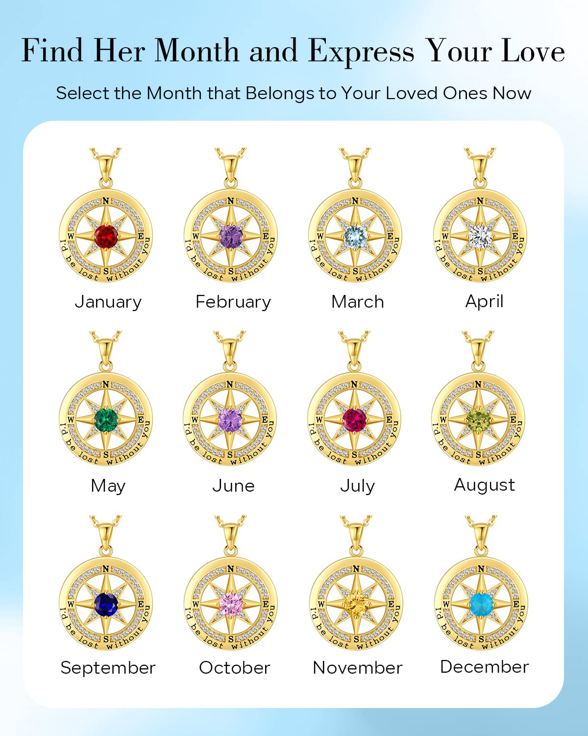 S925 Necklace Gift for Wife |Compass Jewelry |Women Anniversary |Sterling Silver |Girlfriend Birthday Gifts for Her Valentines |I'd be Lost without You |Jewel 18K Gold