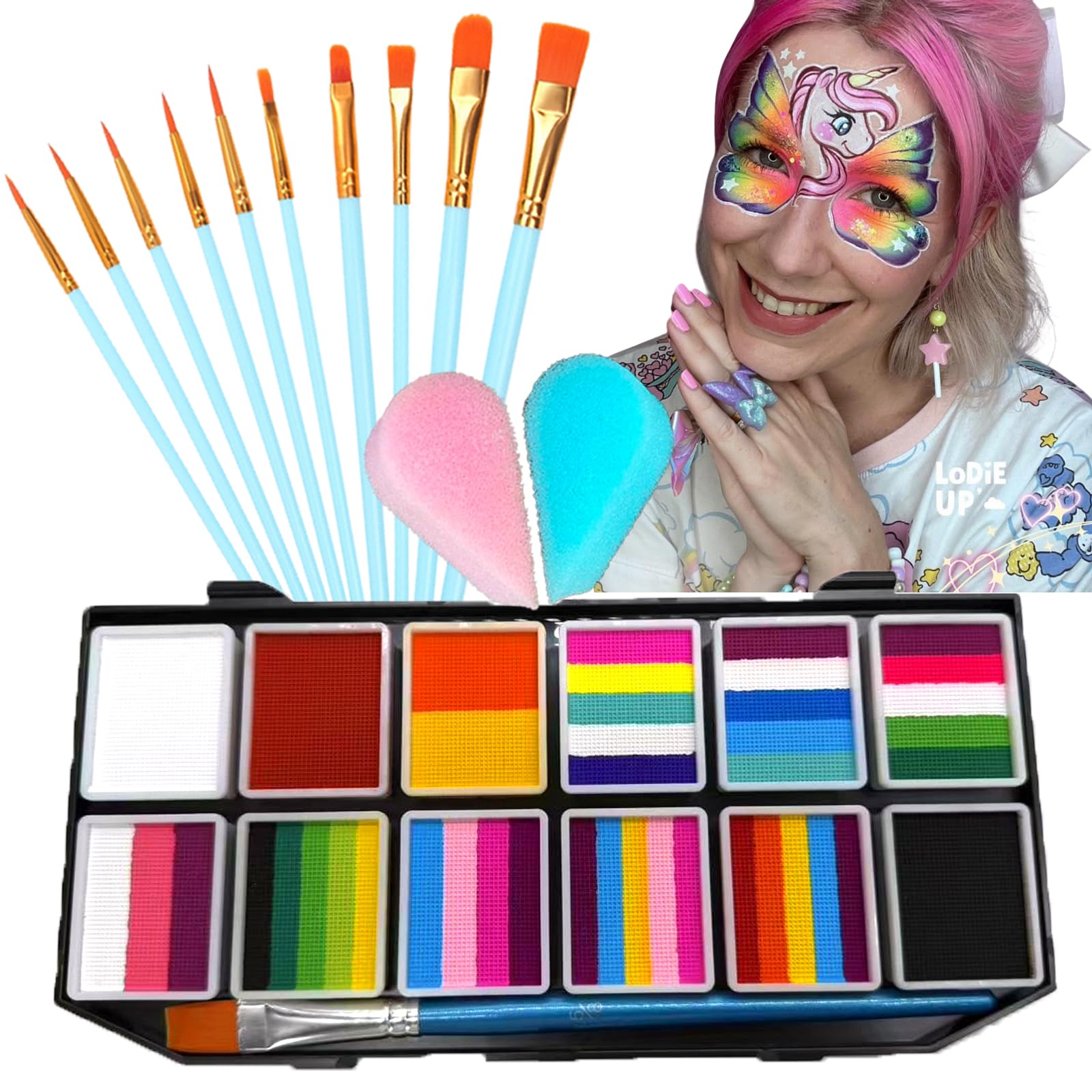Face Painting Kit for Kids, 42 Colors Professional Face Paint Makeup Kit Non-Toxic Water Activated Facepaint Palette with Brush, Stencil, Sponge, Gem, for Party Halloween Christmas (42 Colors)