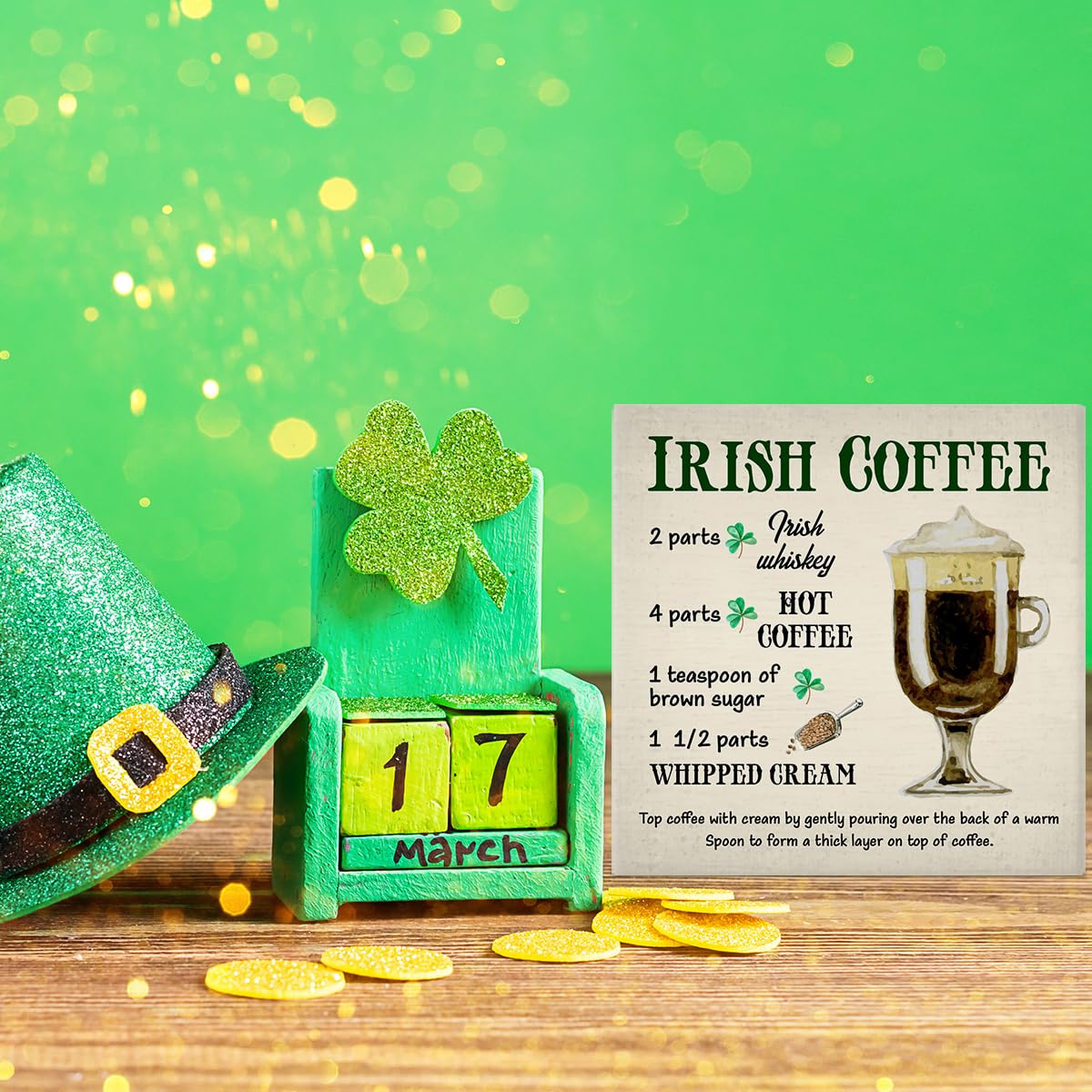 Dumyum St. Patrick's Day Decorative Sign, Wooden, 5 Inches x 5 Inches, Green, Rustic, Tabletop or Wall Mount