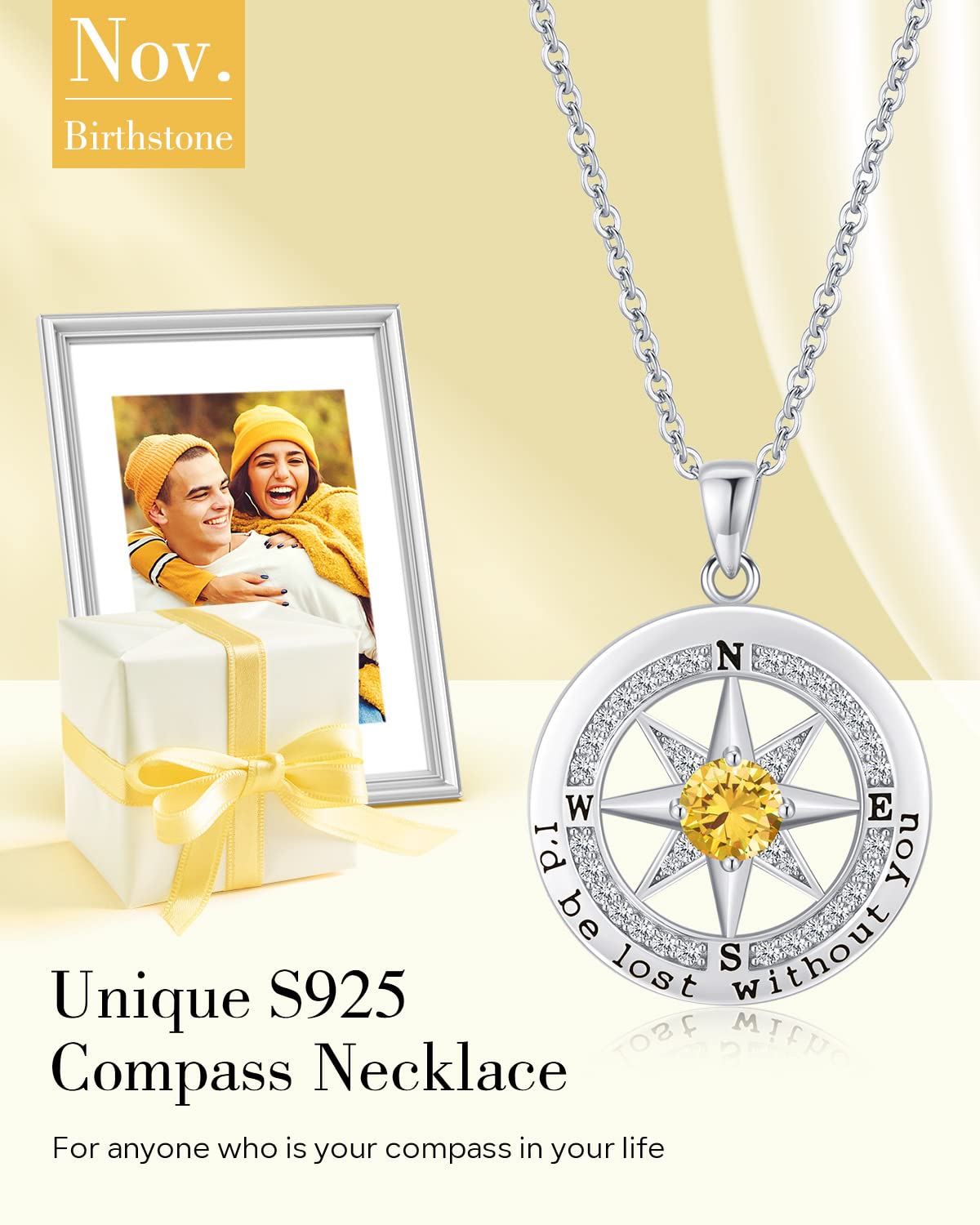 S925 Necklace Gift for Wife |Compass Jewelry |Women Anniversary |Sterling Silver |Girlfriend Birthday Gifts for Her Valentines |I'd be Lost without You |Jewel 18K Gold