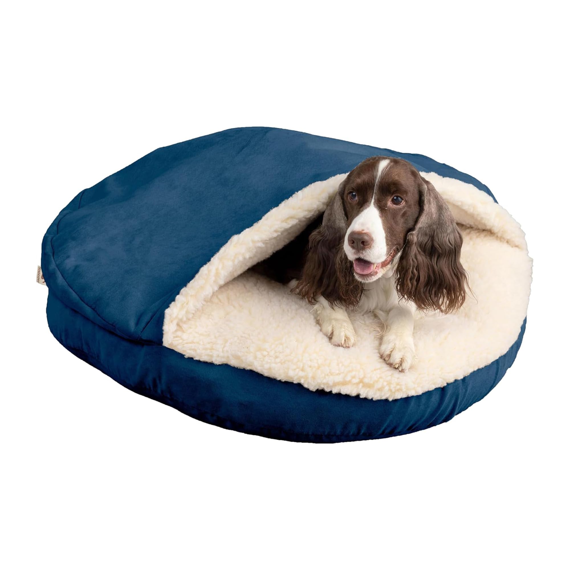 Snoozer Cozy Cave Dog Bed - Indoor Dog Bed with Cover Cave, Covered Calming Burrow for Small Sized Pets with Blanket Attached, Enclosed, Removable Washable Cover - Small, Navy