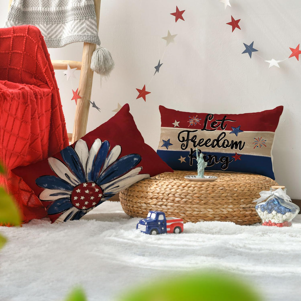 AVOIN colorlife Let Freedom Ring Stars Fireworks Flower Red Throw Pillow Covers, 12 x 20 Inch 4th of July Patriotic Independence Memorial Day USA Flag Cushion Case for Sofa Couch Set of 4
