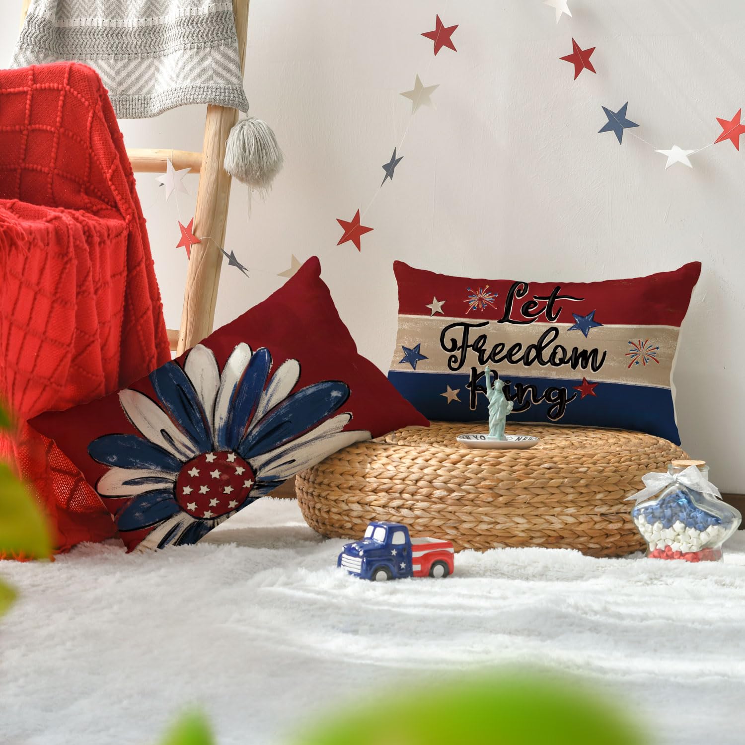 AVOIN colorlife Let Freedom Ring Stars Fireworks Flower Red Throw Pillow Covers, 12 x 20 Inch 4th of July Patriotic Independence Memorial Day USA Flag Cushion Case for Sofa Couch Set of 4