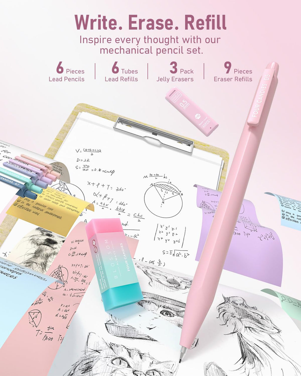 Four Candies 39 PCS Aesthetic Stationery Set with Cute Pen Case, College Supplies and Nursing Student Essentials, 12 Pastel Highlighters, 5 Black Gel Pens, 6 Mechanical Pencils, Blue