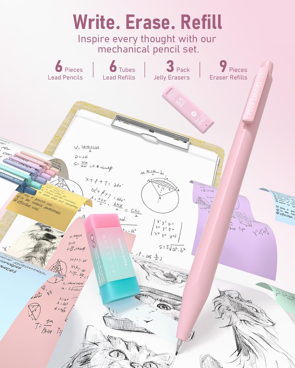 Four Candies 39 PCS Aesthetic Stationery Set with Cute Pen Case, College Supplies and Nursing Student Essentials, 12 Pastel Highlighters, 5 Black Gel Pens, 6 Mechanical Pencils, Blue