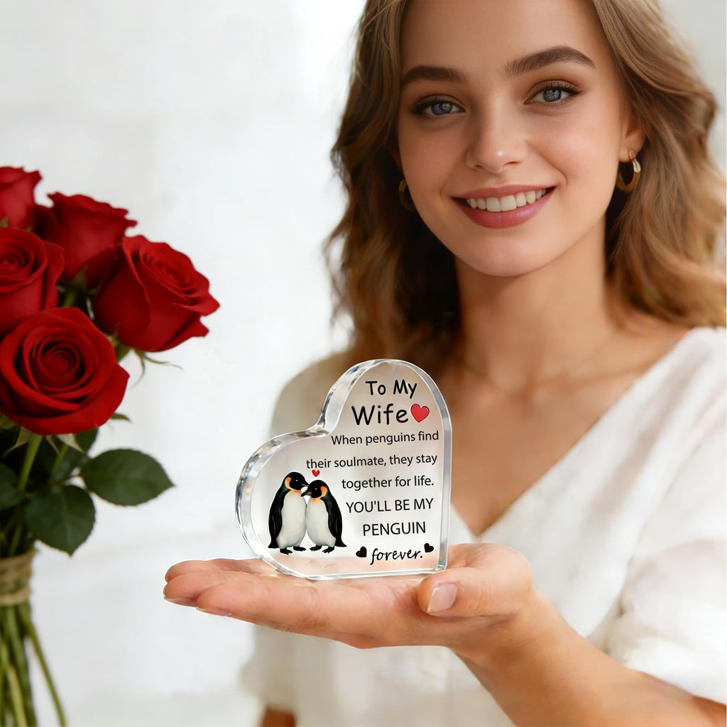Gift for Husband, Romantic Acrylic Heart Penguin Paperweights, Anniversary, Valentine's, Christmas, Father's Day, Birthday Gifts for Husband from Wife