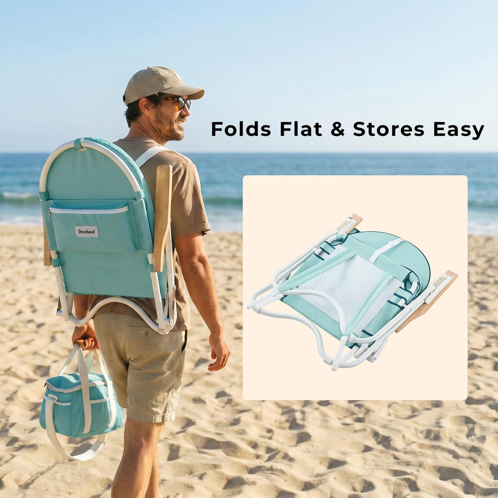 Padded Low Beach Chair, 4-Position Folding Outdoor Chair with Wooden Armrests, Cushioned Seat, Storage Pouch & Carry Strap for Beach, Patio and Lawn, Cala Serena Ochre Stripe