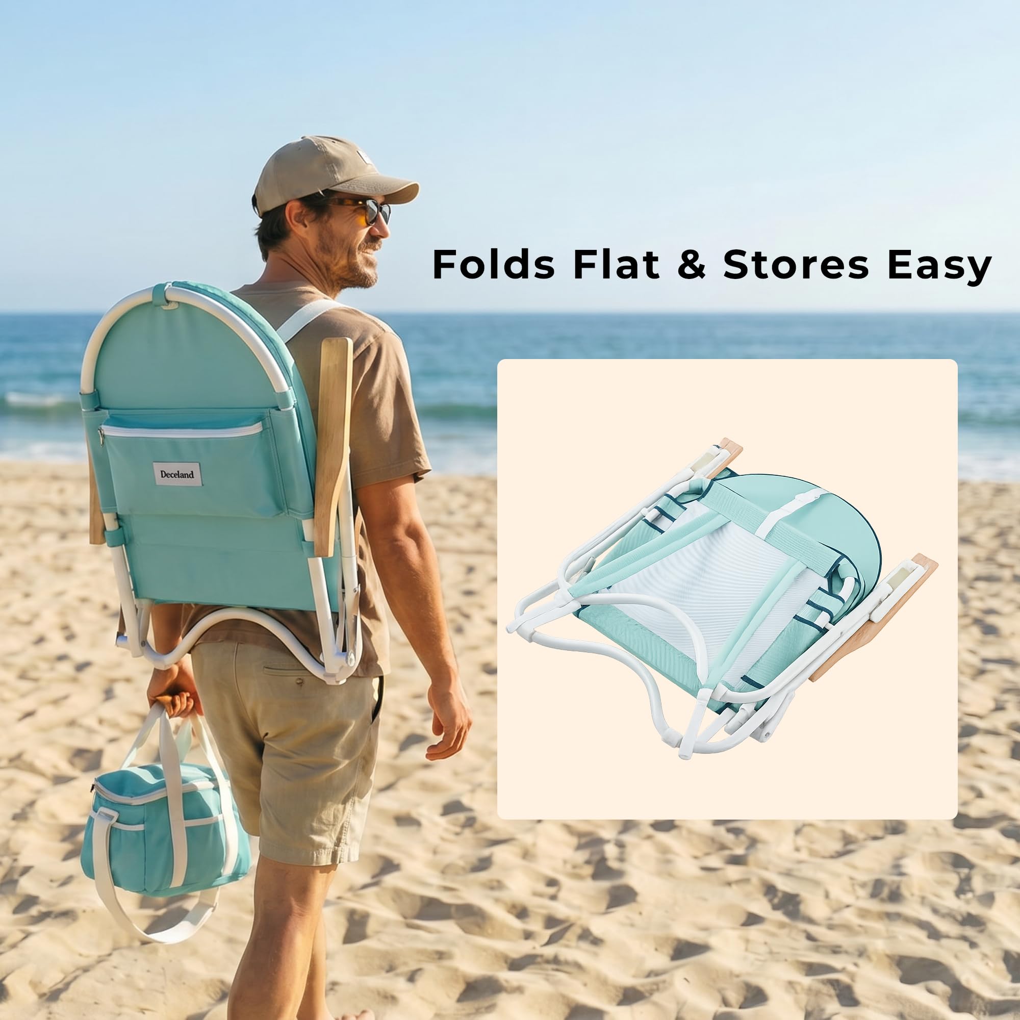 Padded Low Beach Chair, 4-Position Folding Outdoor Chair with Wooden Armrests, Cushioned Seat, Storage Pouch & Carry Strap for Beach, Patio and Lawn, Cala Serena Ochre Stripe