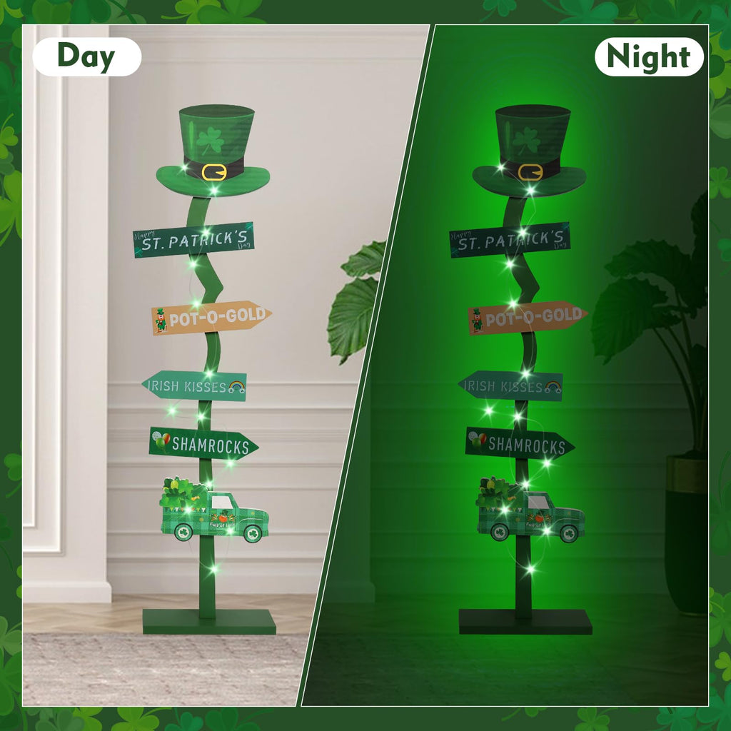 43.8" Lighted Wooden St. Patrick's Day Porch Sign Leprechaun Hat Shamrock Irish Train Standing Signs With Base For Indoor Outdoor Yard Decor