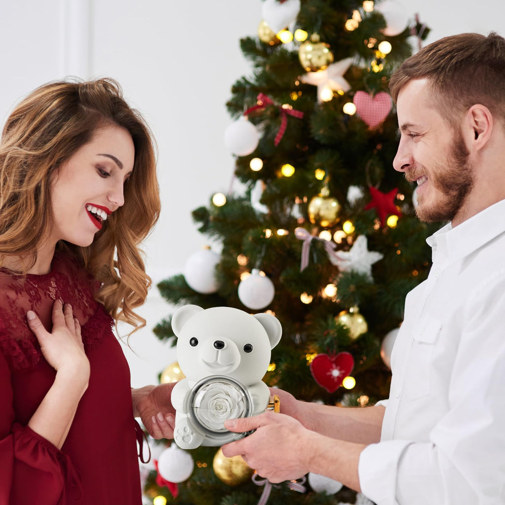 Cute Teddy Bear with Preserved Rose - A Real Rose Flower in Bear with Elegant Gift Box - Romantic Gift for Her in Mother's Day, Weddings, Anniversaries, and Bridal Showers (Red)