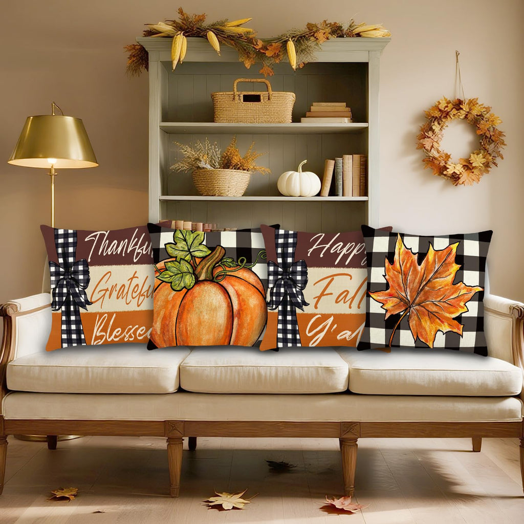 Fall Pillow Covers 18x18 Inch Autumn Pumpkin Maple Leaf Throw Pillowcase Orange Cushion Case for Thanksgiving Home Farmhouse Couch Sofa Bed Indoor Outdoor Decor (Set of 4)