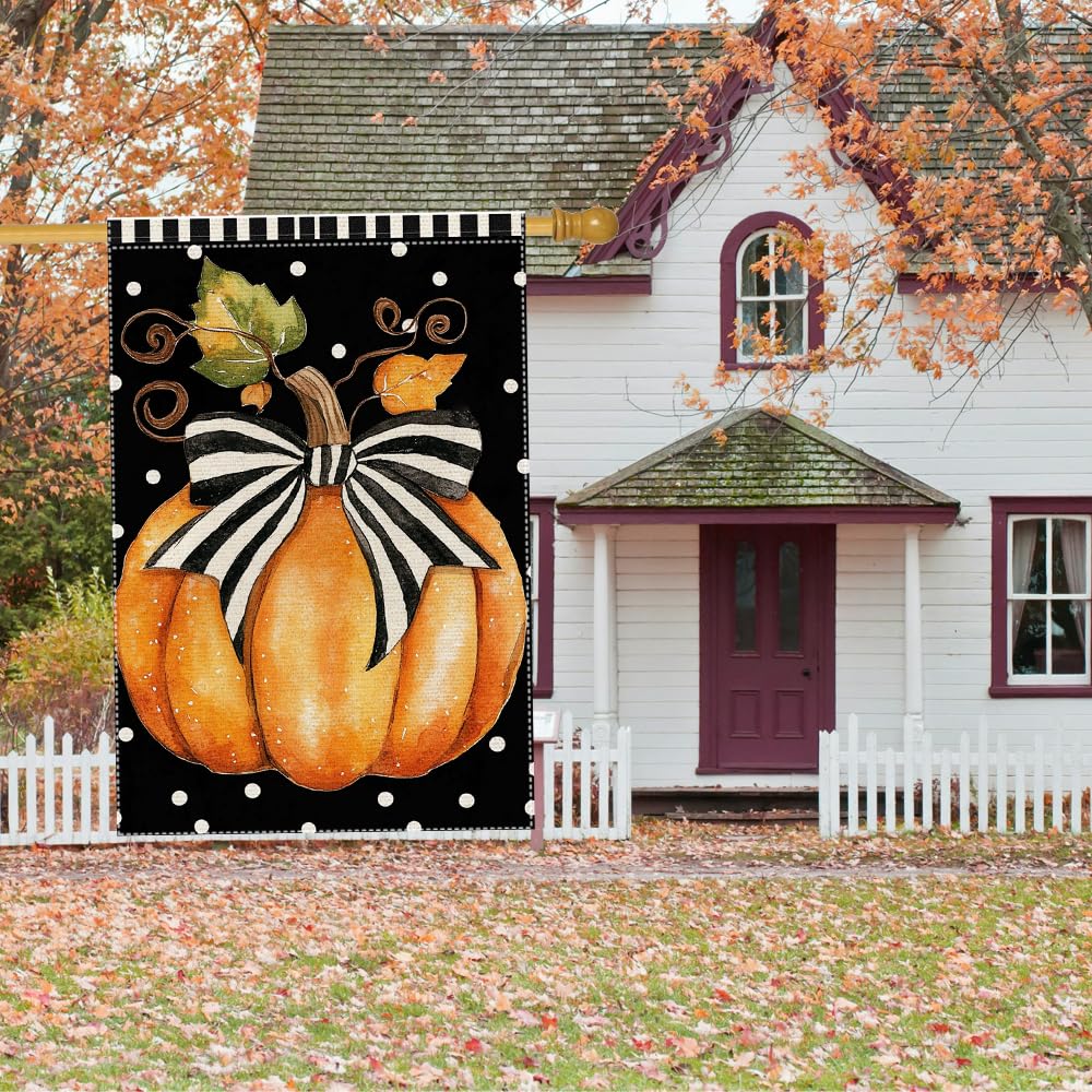Fall Garden Flag For Outdoor Decor Thanksgiving Garden Flags Autumn Stained Glass Pumpkin Maple Leaf Double Sided Small Burlap Outside Porch Lawn Yard Flags Decorations 12.5x18 Inch
