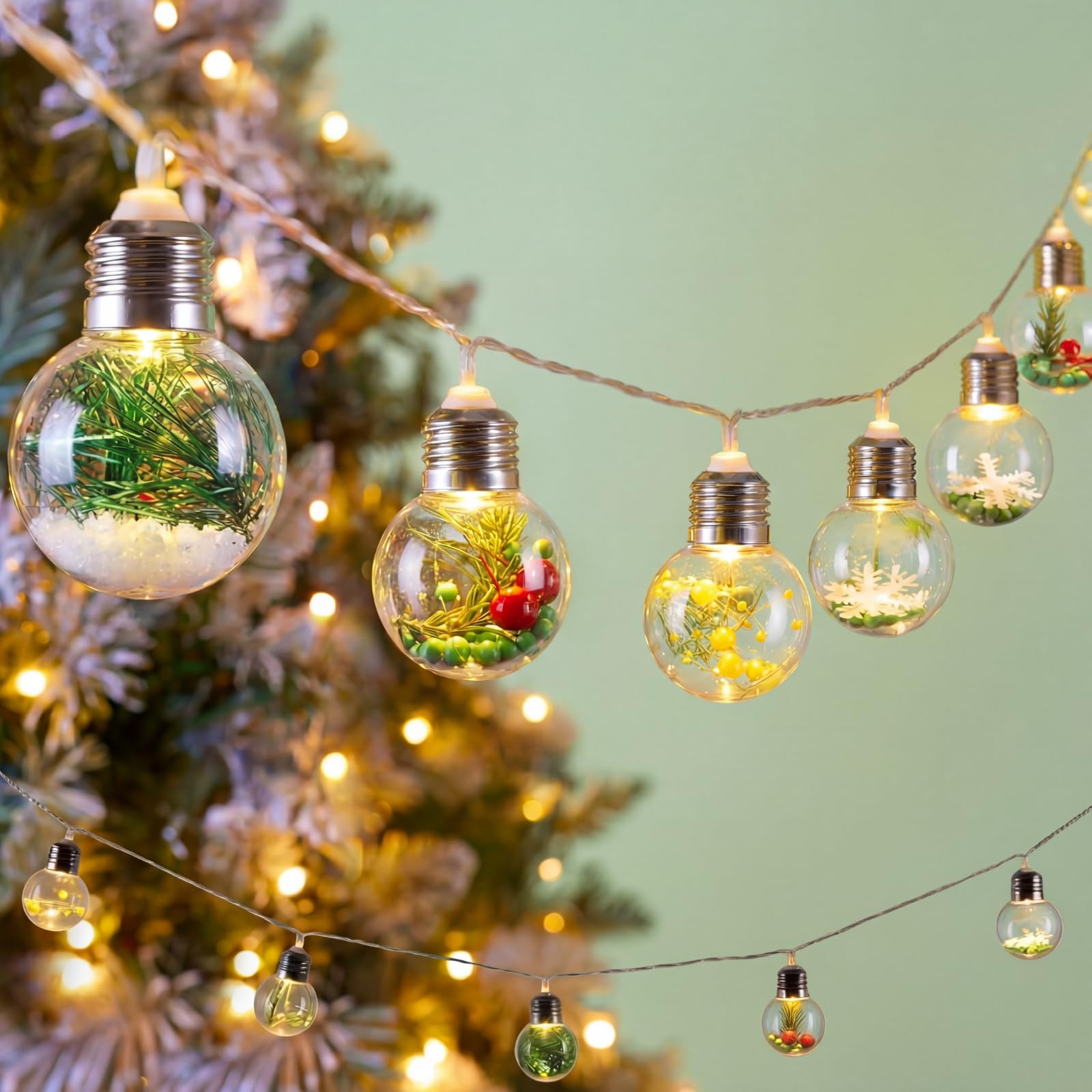 Aurelema Christmas Tree Snow Globe String Lights 6.56 FT 10 LED Xmas Light Balls with 5 Christmas Figurines Constant Vintage Decor Lighting for Indoor Outdoor Xmas Party Decoration(Red)