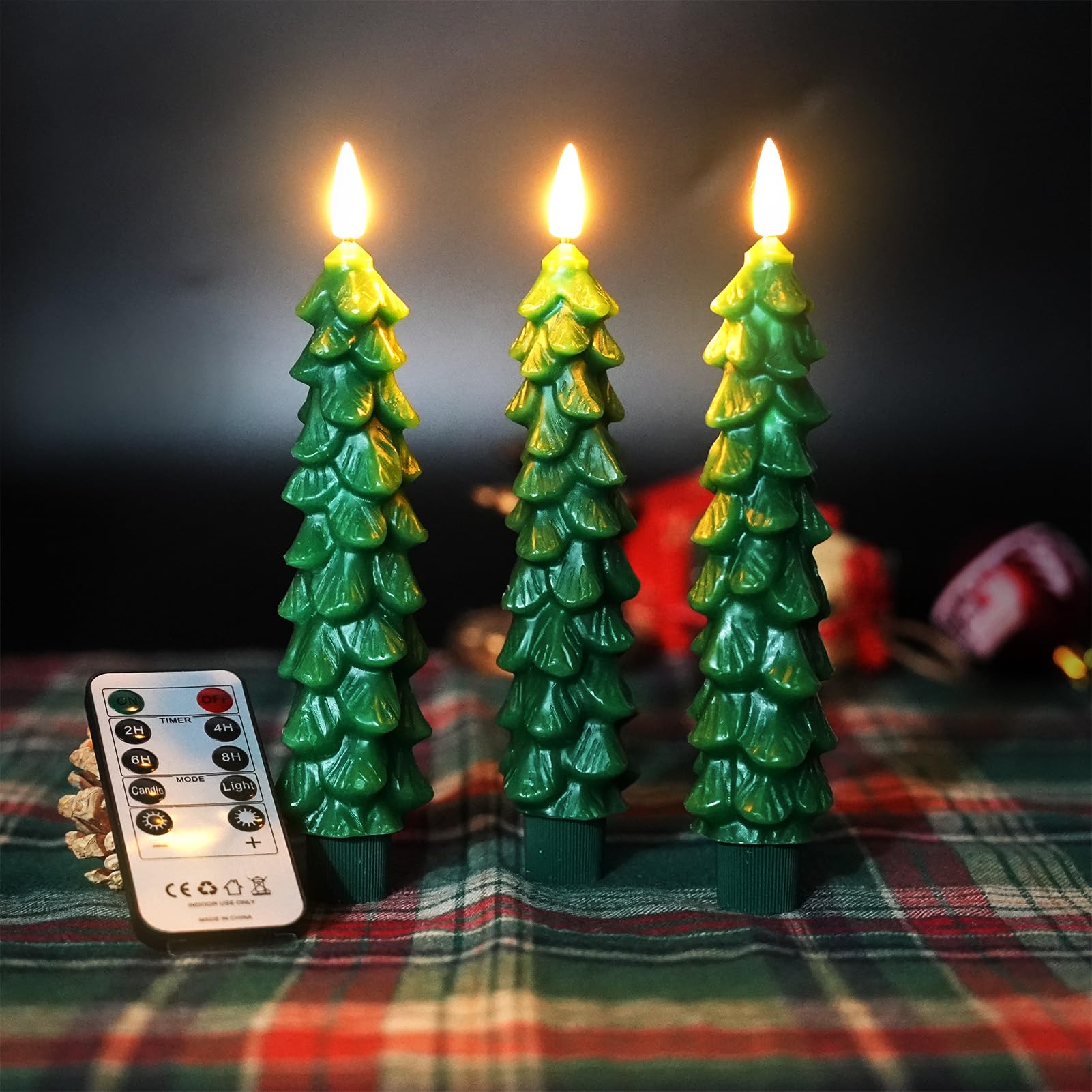 FPOO Christmas Decorations Indoor, 3 PCS Waxy Christmas Tree Candles with Remote Timer, Battery LED Candlesticks for Window, Table Centerpiece, Xmas Decor, Gift (7.5 inches)