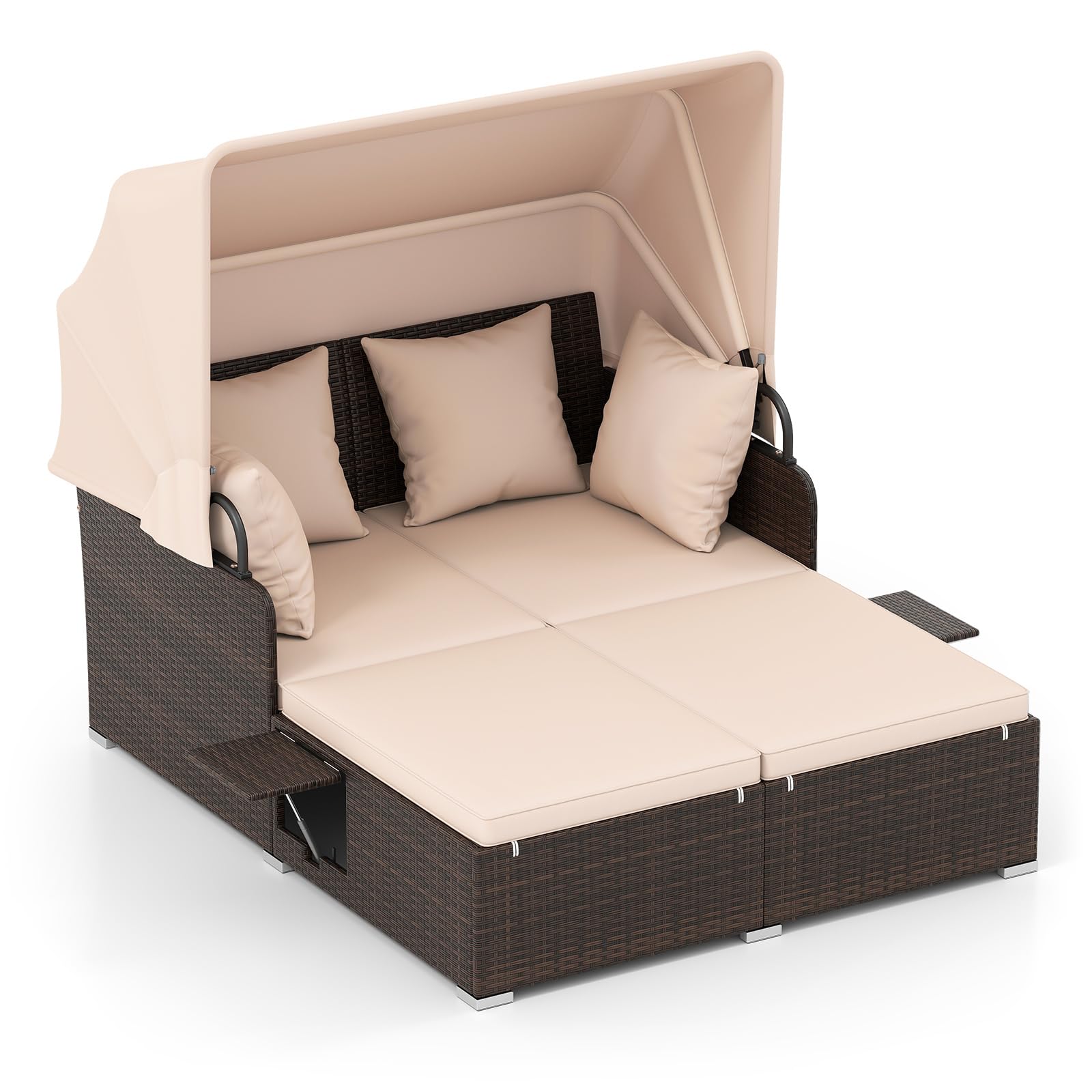 Tangkula Patio Rattan Daybed with Retractable Canopy, Outdoor Wicker Sunbed Lounger with 2 Foldable Side Tables, Thick Seat & Back Cushions, Outside Double Daybed for Garden, Backyard, Porch